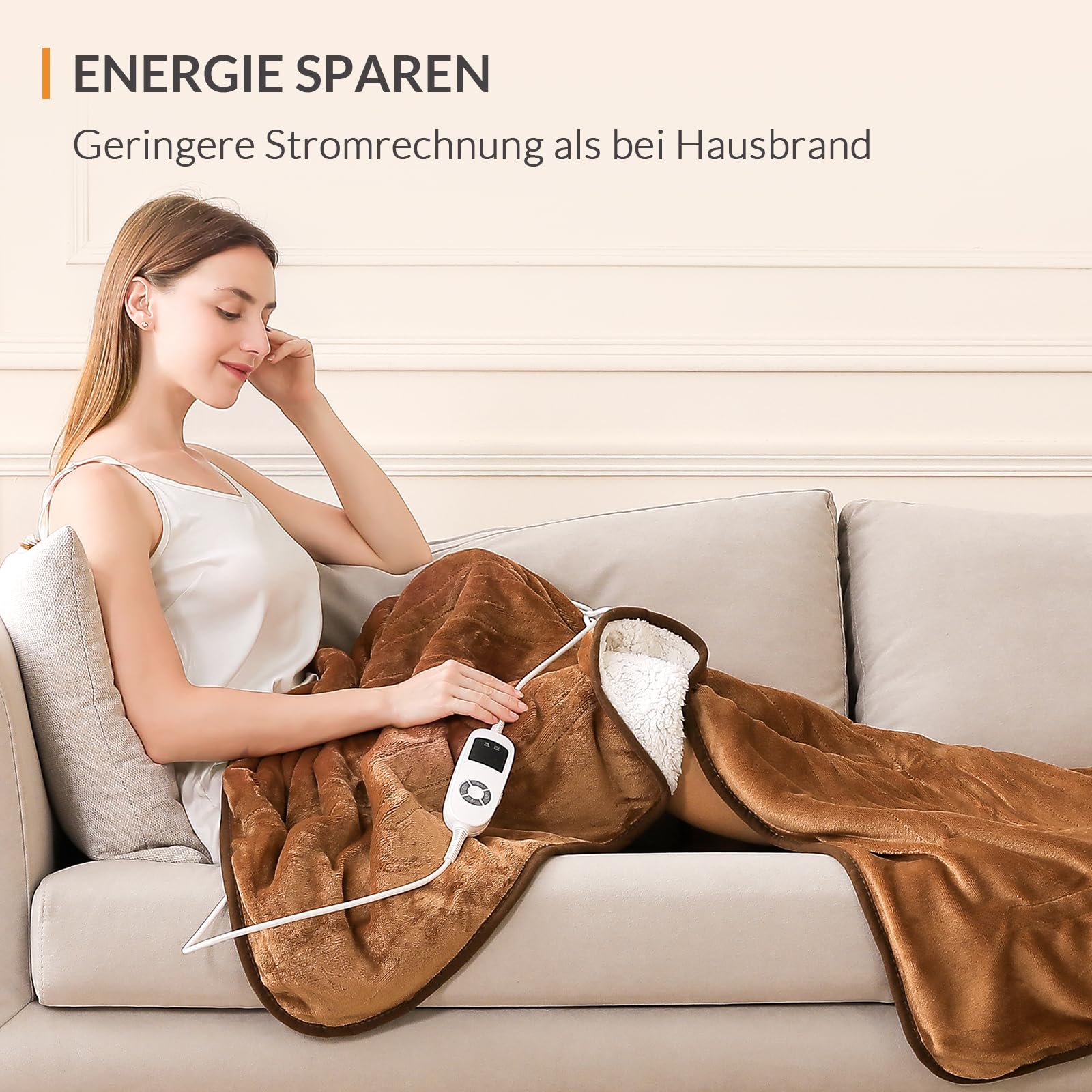 HOMLYNS Elektrische Heizdecke mit Abschaltautomatik - 180×130cm Flanell & Sherpa - Wärmedecke Heizdecke, 9 Temperaturstufen & 9 Stunden Zeiteinstellungen, Auto-Off & LED-Anzeige, Waschmaschine, Braun
