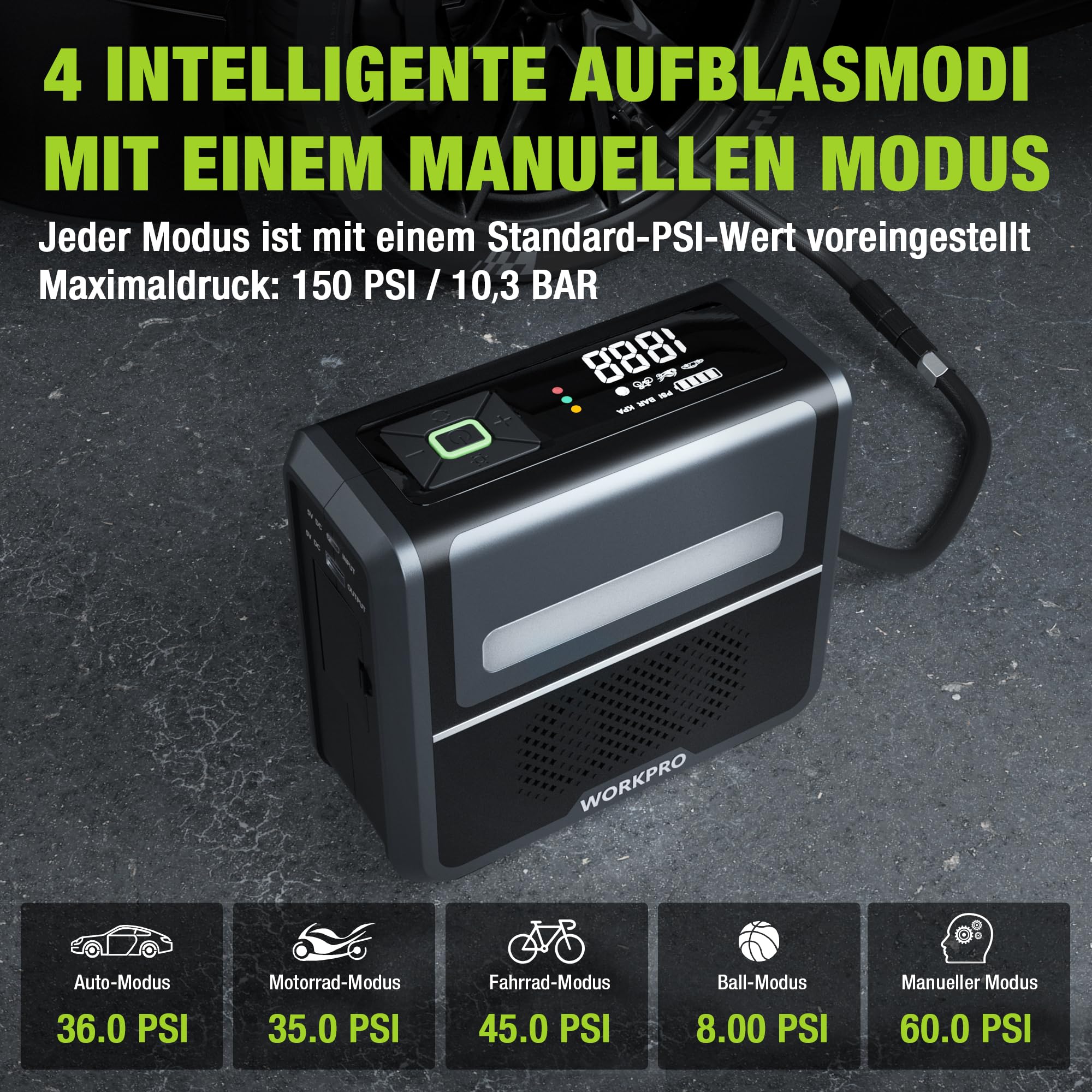 WORKPRO Kabellose Elektrische Luftpumpe 3-in-1 mit LED-Licht, Powerbank, Akku Kompressor mit Display & Abschaltautomatik, für Auto, Fahrrad, Motorrad, Bälle – USB & 12V Ladeoption | Digitales Display und automatische Abschaltung zum Aufpumpen von Auto, Mo