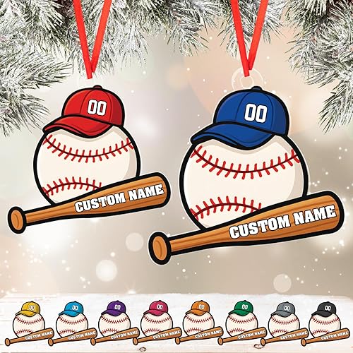 Miniatura 4 de Adornos circulares personalizados para niños con béisbol en sus corazones, adornos de cerámica para árbol de Navidad, decoración de pino colgante,