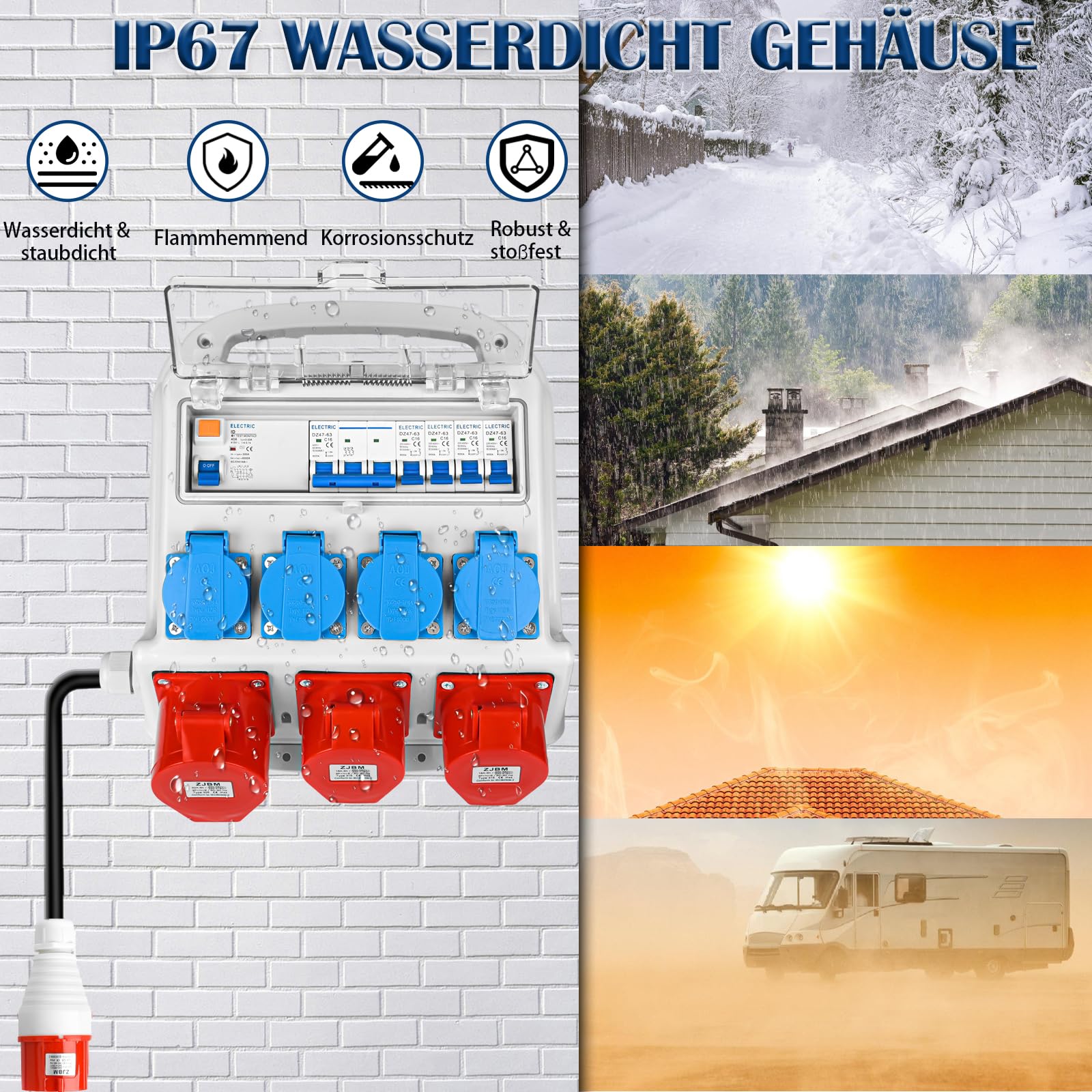 Warmfay Wandverteiler Vorverkabelt Stromverteiler, 4x 230V Schuko Steckdosen + 2x CEE 16A + 1x CEE 32A, Baustromverteiler mit FI-Schalter und LS Schalter, IP67 Wasserdicht Gehäuse für Innen und Außen