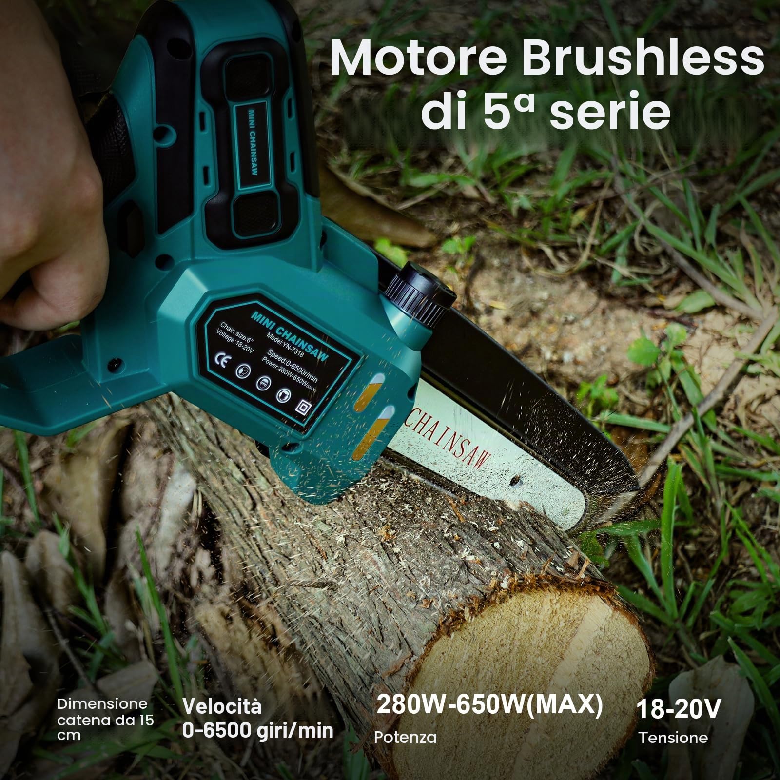Mini motosega 15 cm compatibile con batteria Makita 18V, motosega da potatura brushless con lubrificazione automatica per taglio del legno e giardinaggio (senza batteria e olio catena)