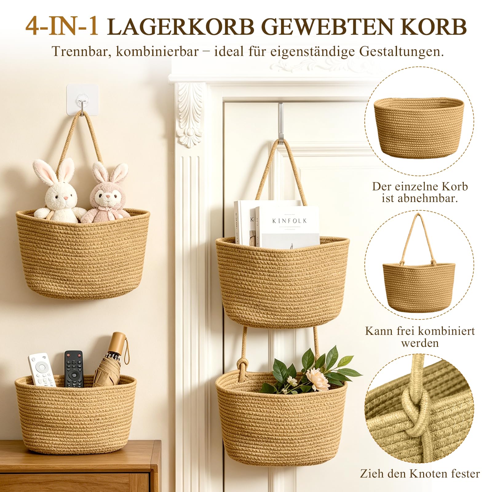 Tür Organizer hängend 4-stöckig, Khaki | Hängekorb aus Baumwollseil, Mit 4 Haken ohne Bohren, 2 verstellbare Cliphaken, Für Küche, Bad, Schlafzimmer