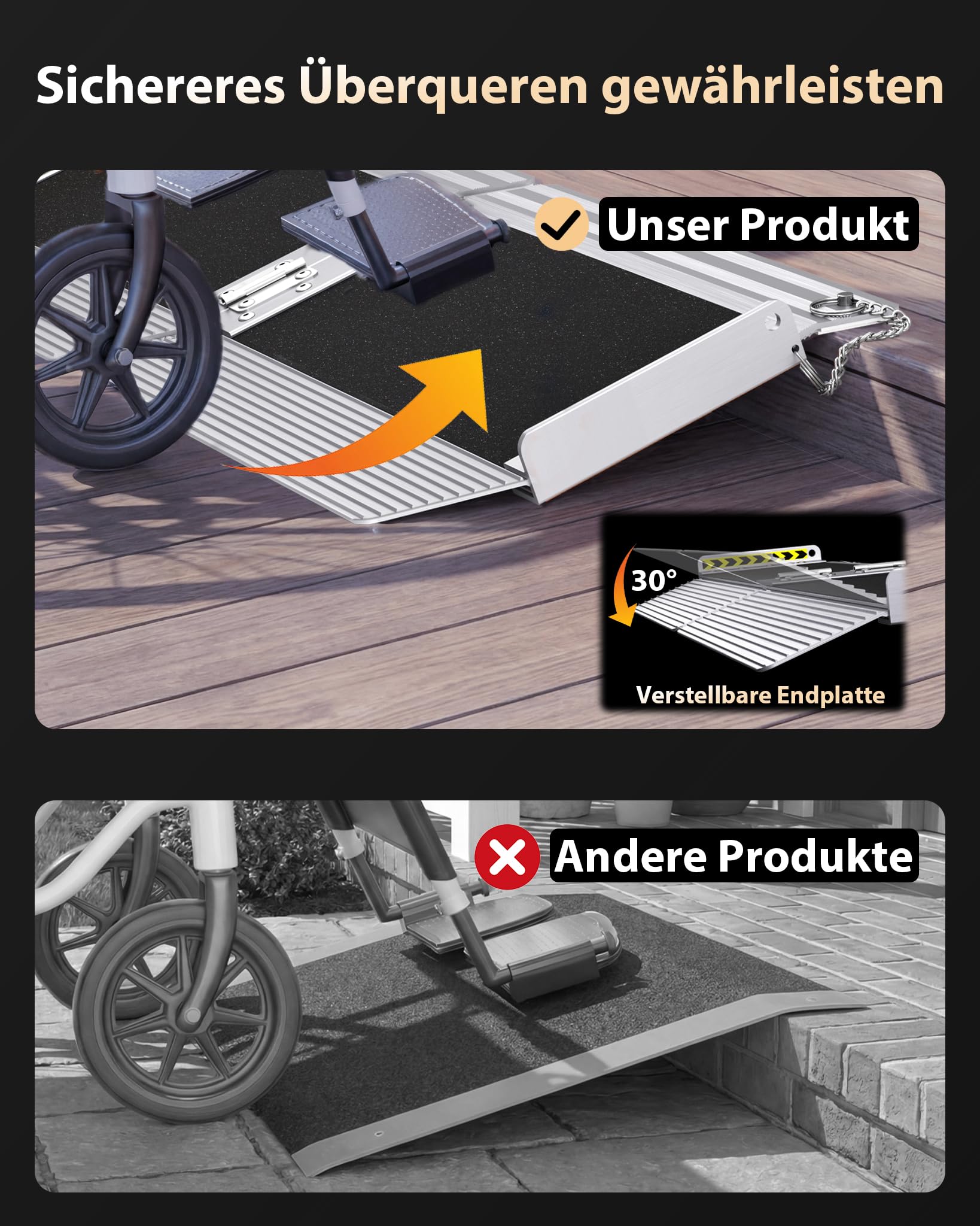 FACHNUO 30 cm tragbare Schwellenrampe mit selbstanpassender Bodenplatte, 363 kg Tragfähigkeit, Rollstuhlrampe für Haustüren, rutschfeste Rampe für Stufen zu Hause, zusammenklappbare Rollstuhlrampe