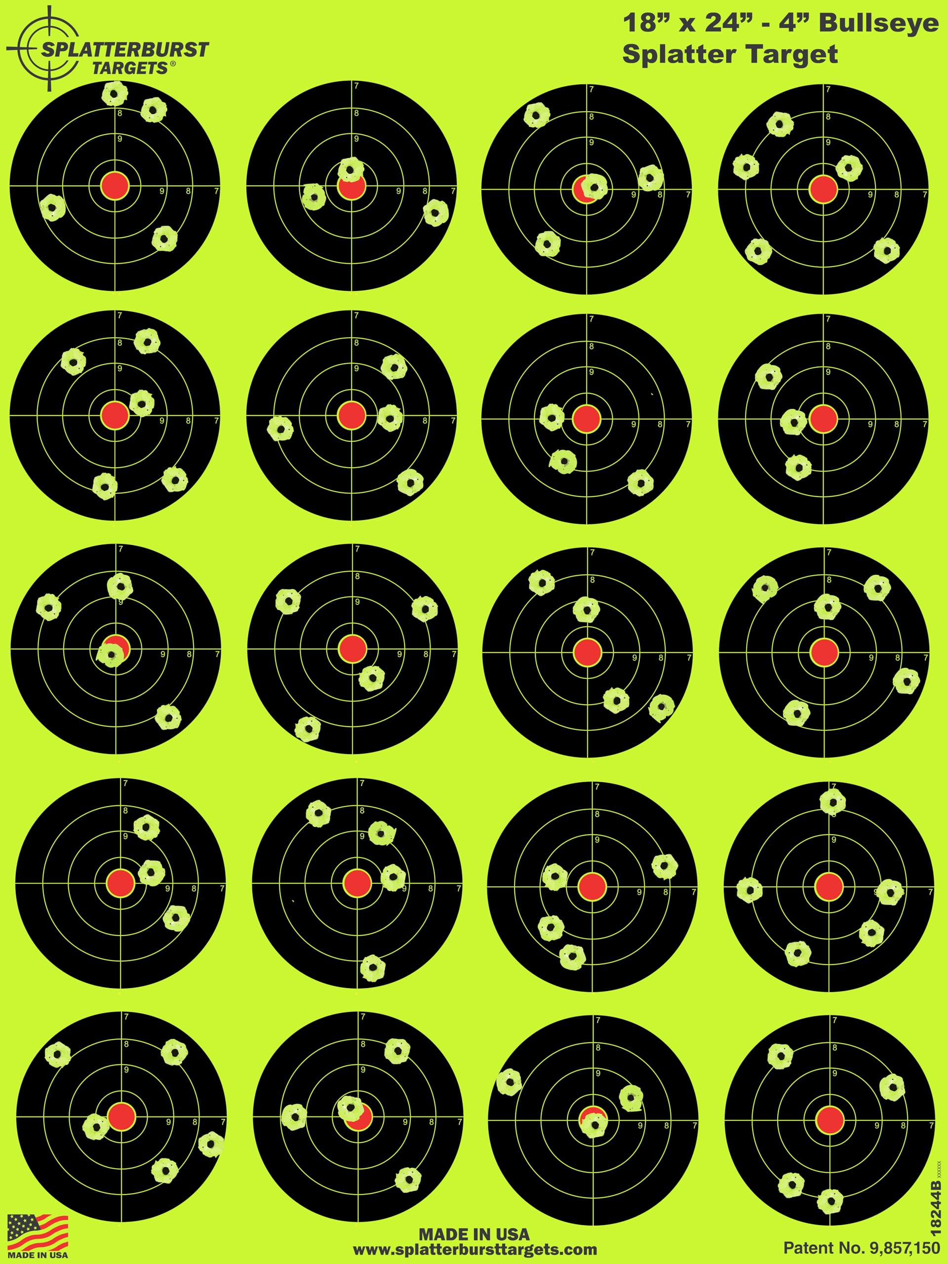 Splatterburst Targets - 18 x 24-4 inch Bullseye Splatter Target - Easily See Your Shots Burst Bright Fluorescent Yellow Upon Impact - Made in USA (10 Pack)