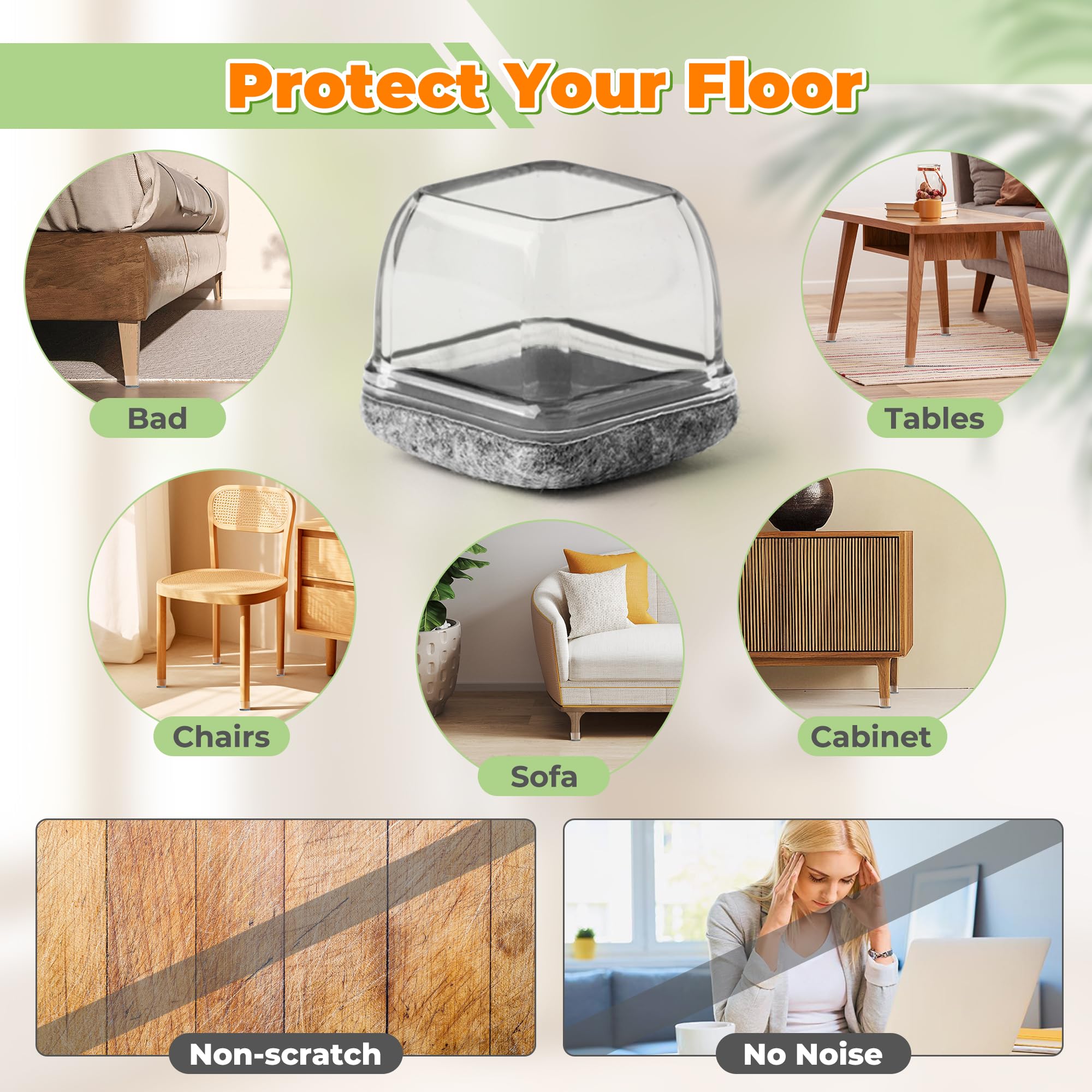 Uxcell Chair Leg Floor Protectors, 16Pcs Square Silicone & Felt Chair - View #3