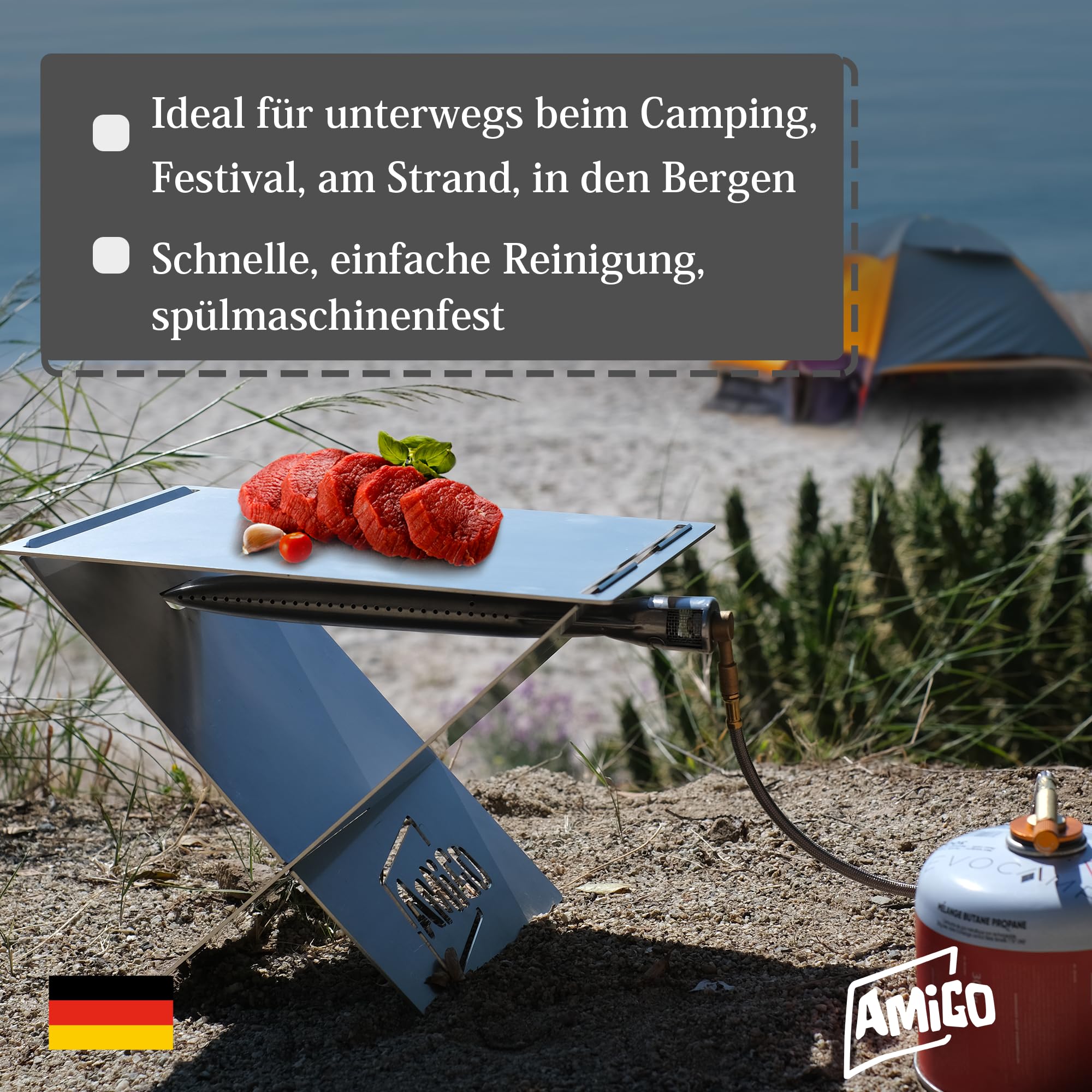 Amigo mobiler Camping Gasgrill klein & klappbar I mini Camping Grill mit Plancha inkl Trage-Tasche I perfekt für Outdoor-Fans, Camper, Balkon I Klappgrill Tischgrill made in Germany