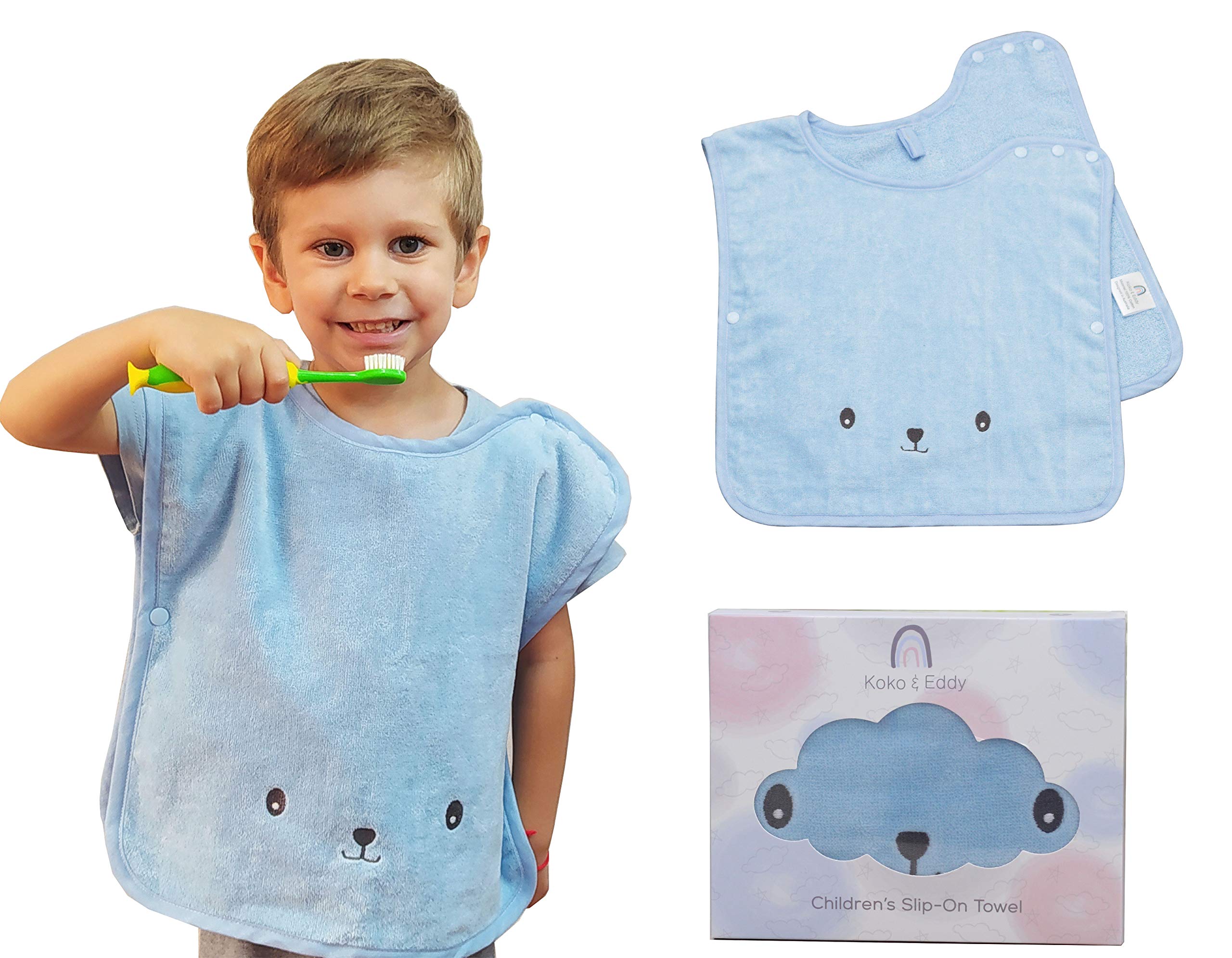 Koko and Eddy Toddler Bath Poncho Bib Towel - Ultra Soft Cotton Slip-On Towel for Kids (Eddy Blue)