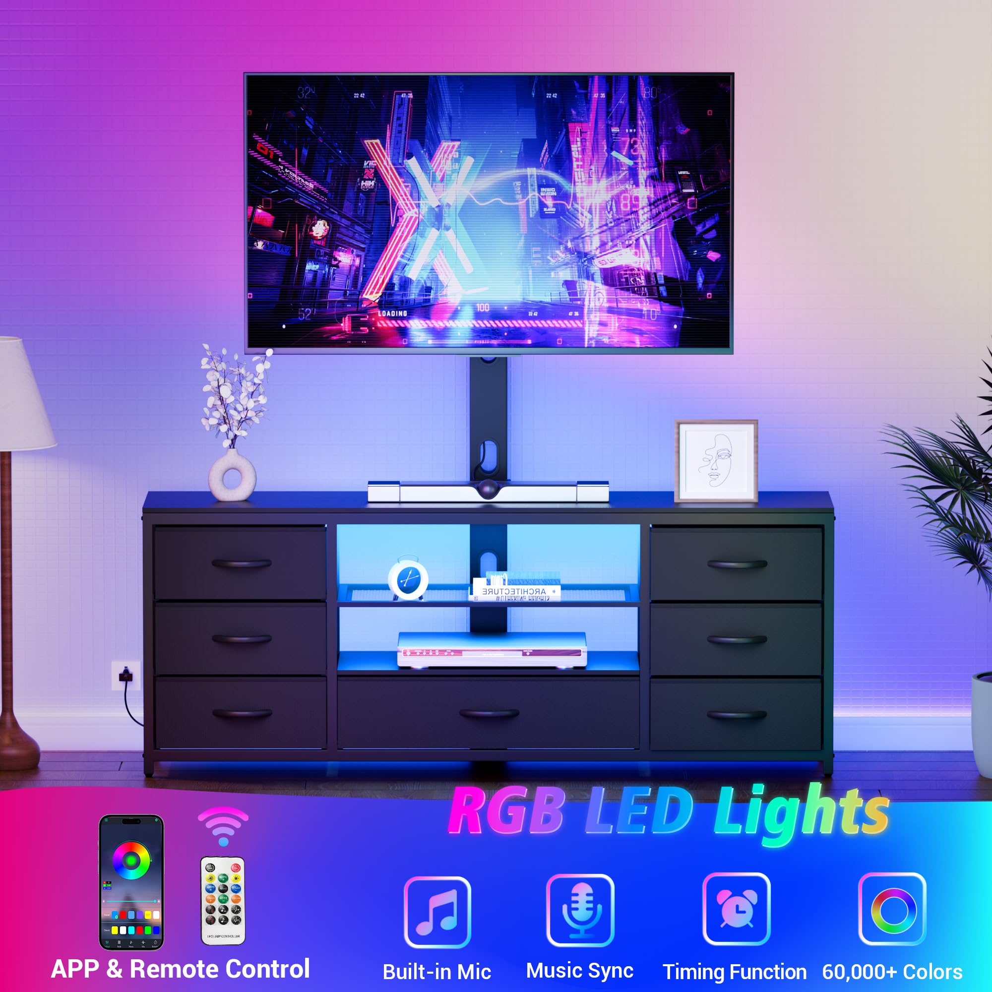 TV Stand with Mount and 7 Fabric Drawers, Led Entertainment Center with Power Outlets for 32 45 55 60 65 70 inch TVs, Black Dresser with Open Shelves, Media Console Cabinet for Living Room Bedroom