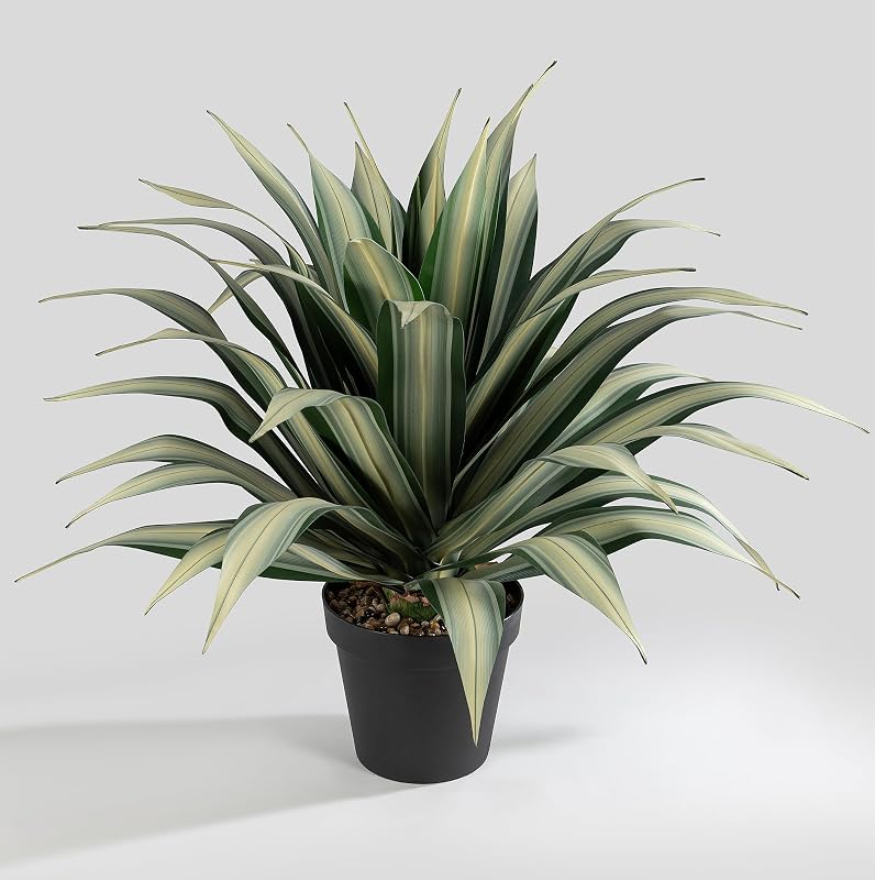 Life-Like Extra Large 34 Inch Tall Artificial Agave Plant. Cream Leaves with Textured Dark Green Stripes. UV Resistant Faux Plants. Outdoor and Indoor Large Artificial Plants.