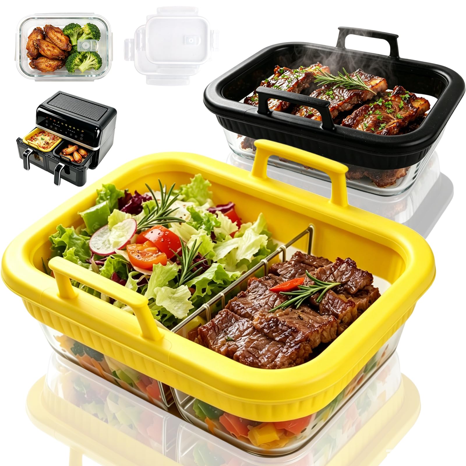 Plat Air Fryer en verre réutilisable avec 2 couvercles et poignée amovible