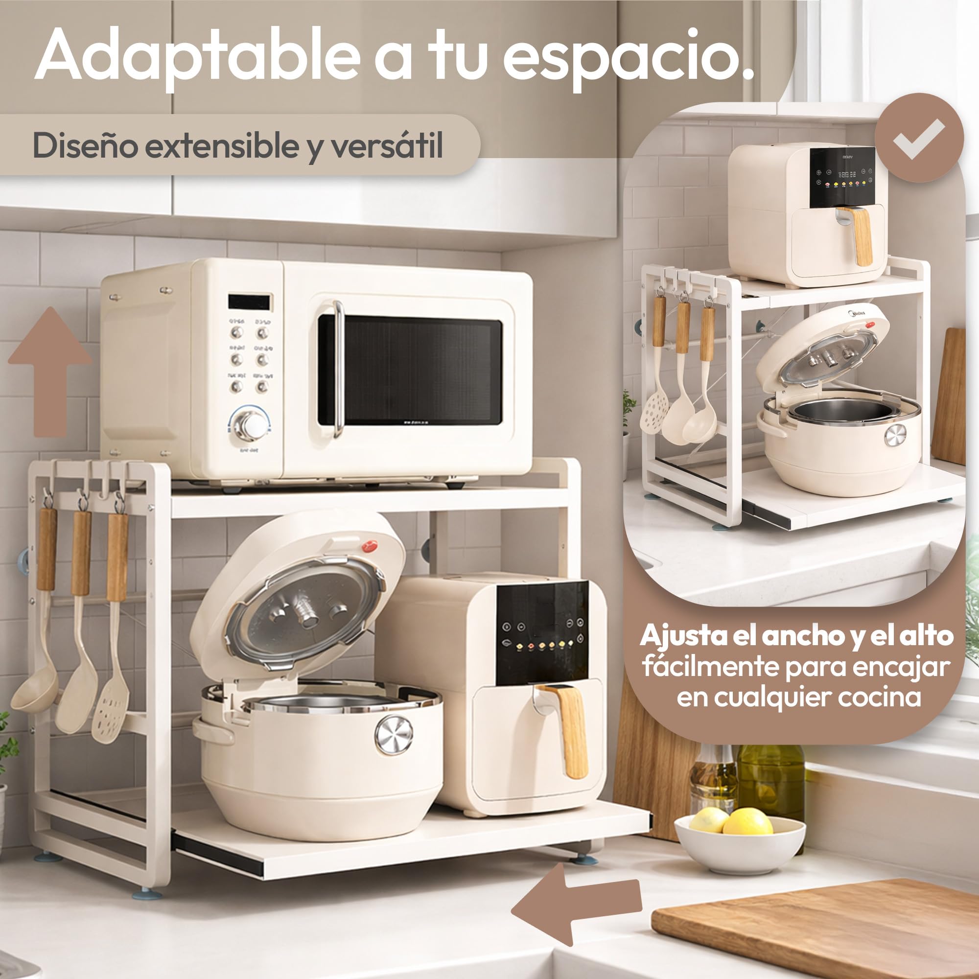 Soporte Ajustable para Microondas Blanco con Bandeja Extraíble, Estante Extensible Antideslizante con Ventosas, Organizador de Cocina Firme, Alta Resistencia y Gran Capacidad de Carga