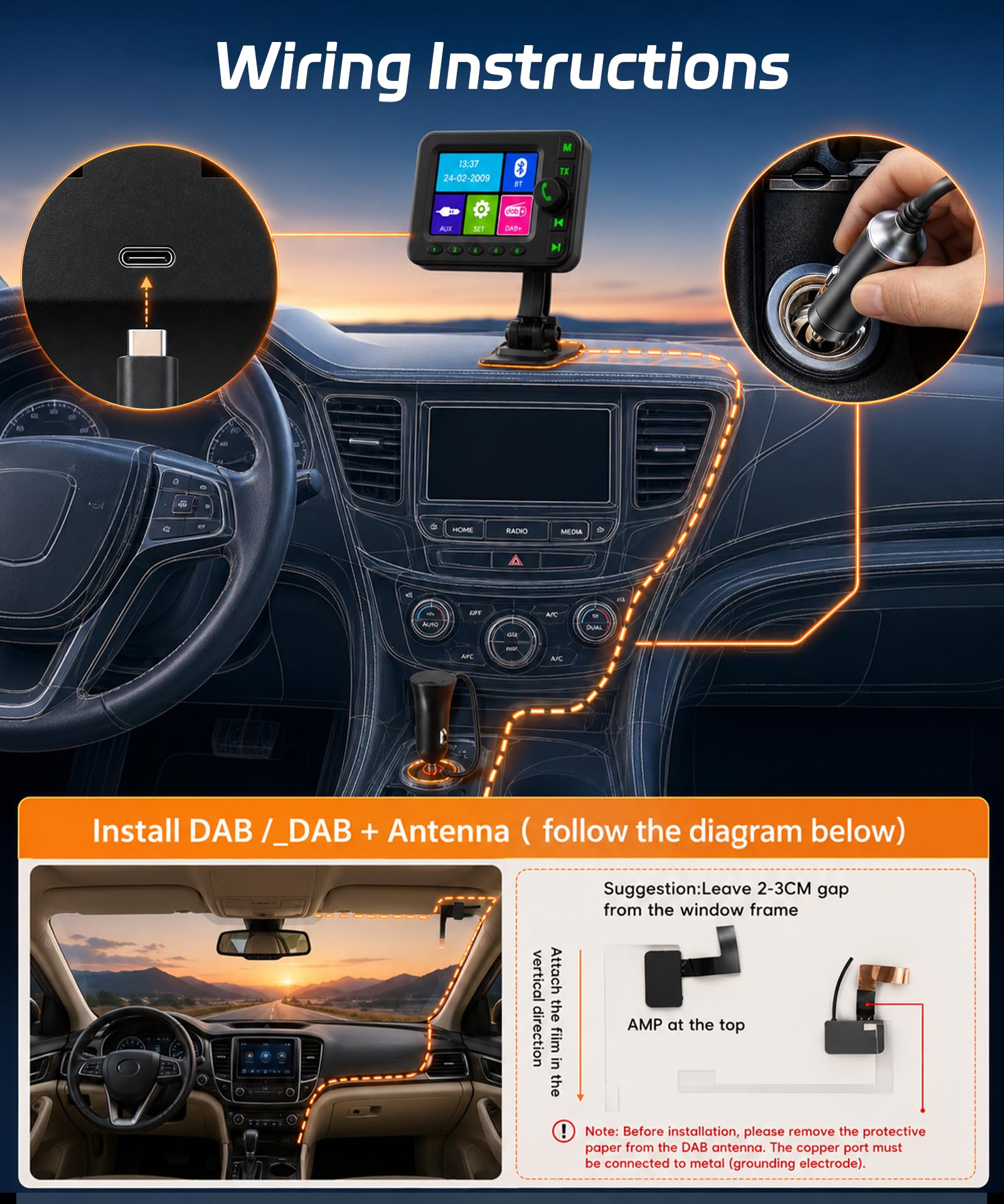 VECHTEL Radio digitale DAB/DAB+ e Bluetooth con schermo da 2,8 pollici, trasmettitore FM, due tipi di supporto, AUX, alimentatore per accendisigari, ideale per viaggi e attività all'aperto