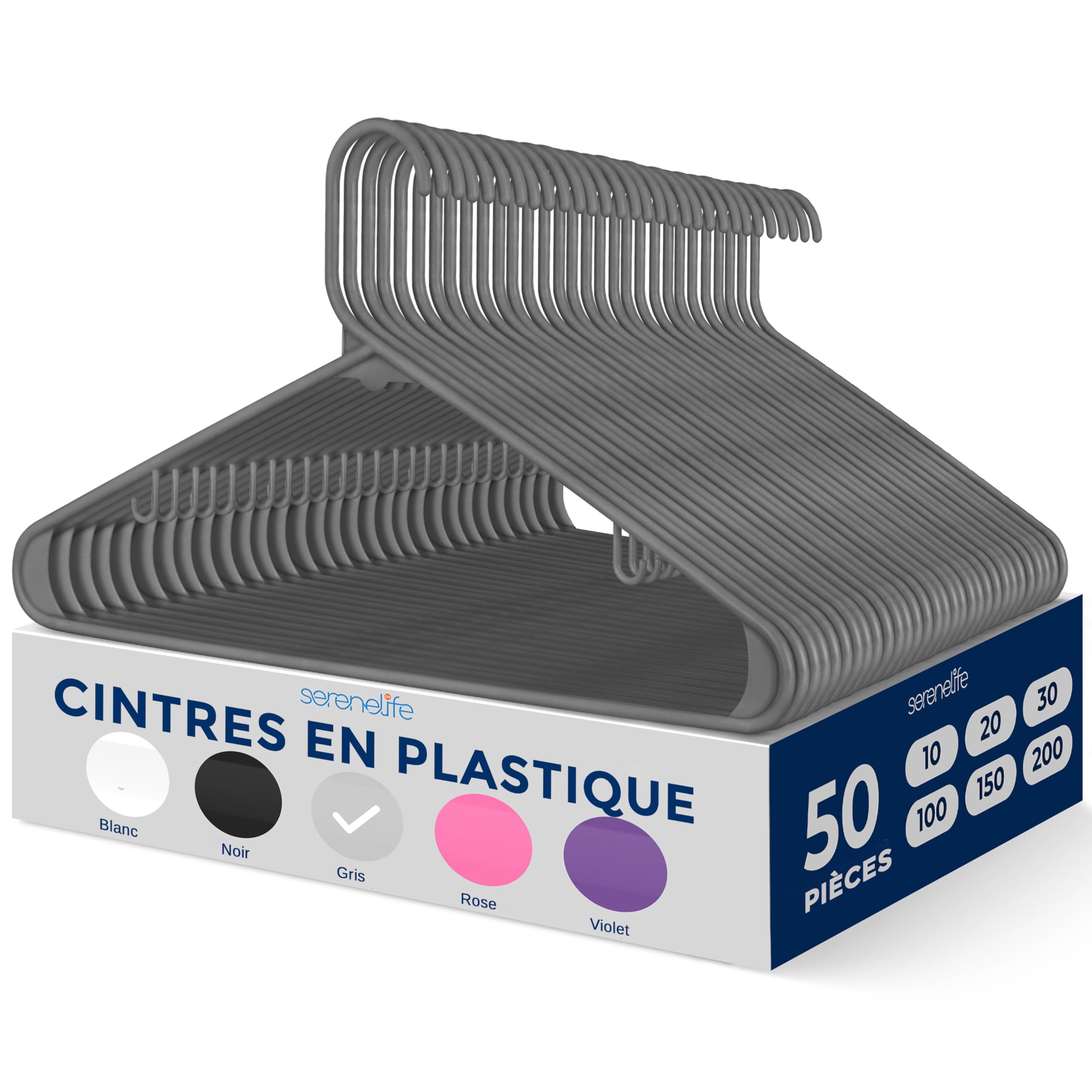 Cintres en plastique antidérapants SereneLife pour organiser vos vêtements, lot de 50 gris