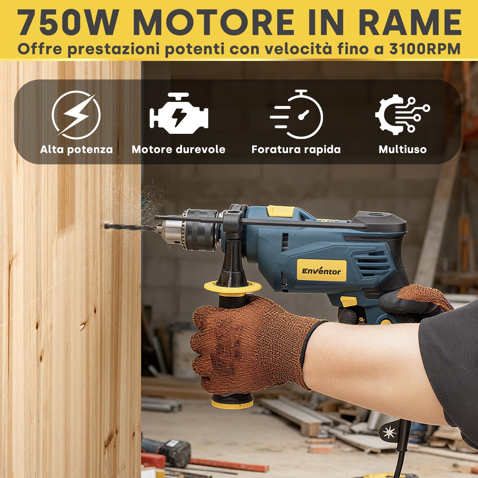 Enventor Trapano a Percussione 750W, Impugnatura Ausiliaria a 360° | Funzione 2 in 1, 0-3100RPM, Mandrino da 13MM, Trapano Elettrico a Filo per Calcestruzzo, Metallo e Legno