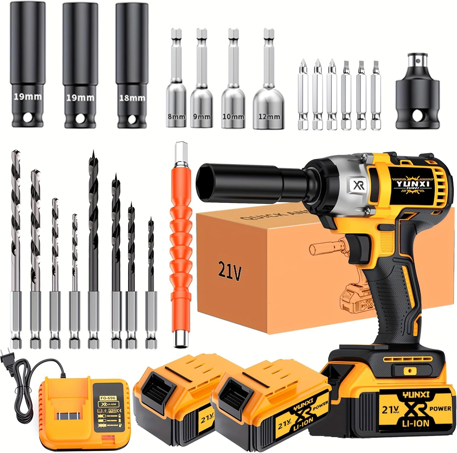 new impact wrench, impact wrench with charger, ergonomic grip and durable plastic structure, suitable for construction projects, heavy-duty DIY (High capacity battery * 2+deluxe package)