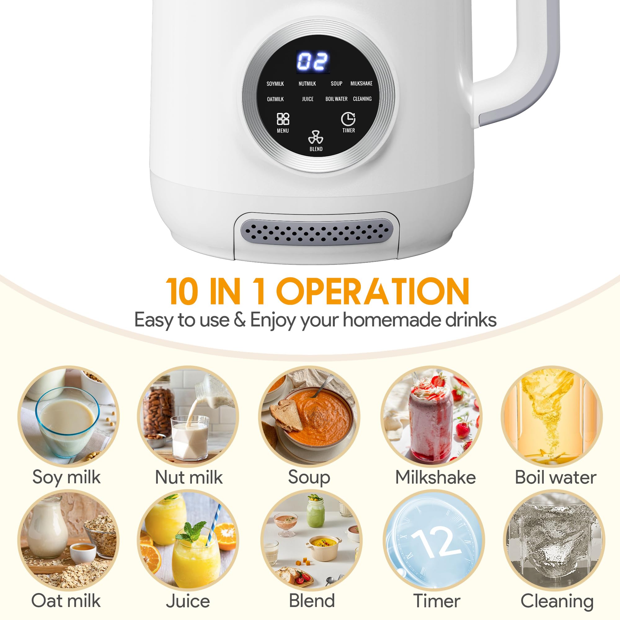 8-in-1 Nut Milk Maker, 40oz Blender Homemade Almond, Oat, Soy, Coconut milk, Juice & Soup, Electric Bean Milk Machine with Delay Start/Auto-Clean/Boil Water/Keep Warm, White