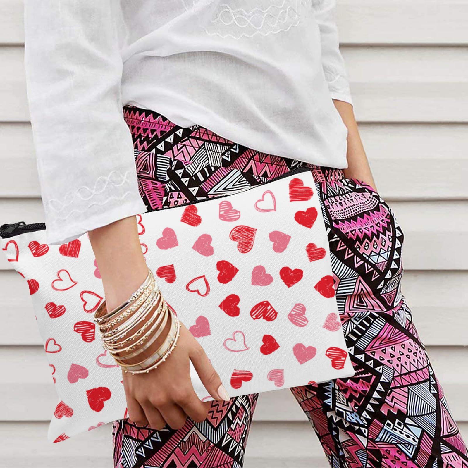 Happy Valentine's Day Love Heart Makeup Bag, Pink Red Zipper Cosmetic Bag - Image 3