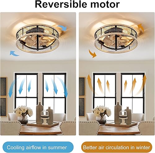 Vista 4 de WWM 20'' Flush Mount Caged Ceiling Fan with Light, Low Profile Farmhouse Ceiling Fans with Remote, 3 Speeds,Reversible Motor Fan for Small Space,Fan
