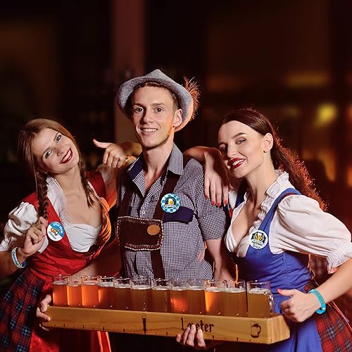 Miniatura 6 de Juego de 60 piezas de decoración de Oktoberfest, incluye 30 botones de Oktoberfest, insignias de estilo bávaro y 30 pulseras de goma para tema