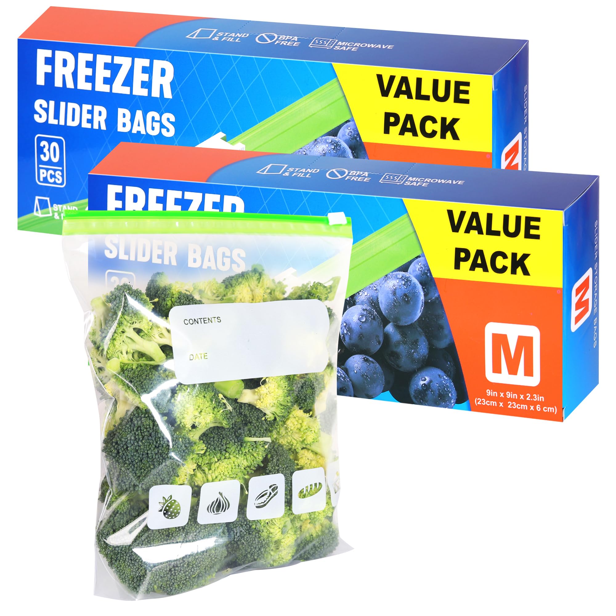 Leuoso Blue Slider Ziplock Freezer Bags 60Pcs(2.27L), Food Storage Bags Bpa Free Sandwich Bag Reusable Zip Seal Plastic Bag With Expandable Bottom For Food, Meat, Grains, Fruits, Vegetables