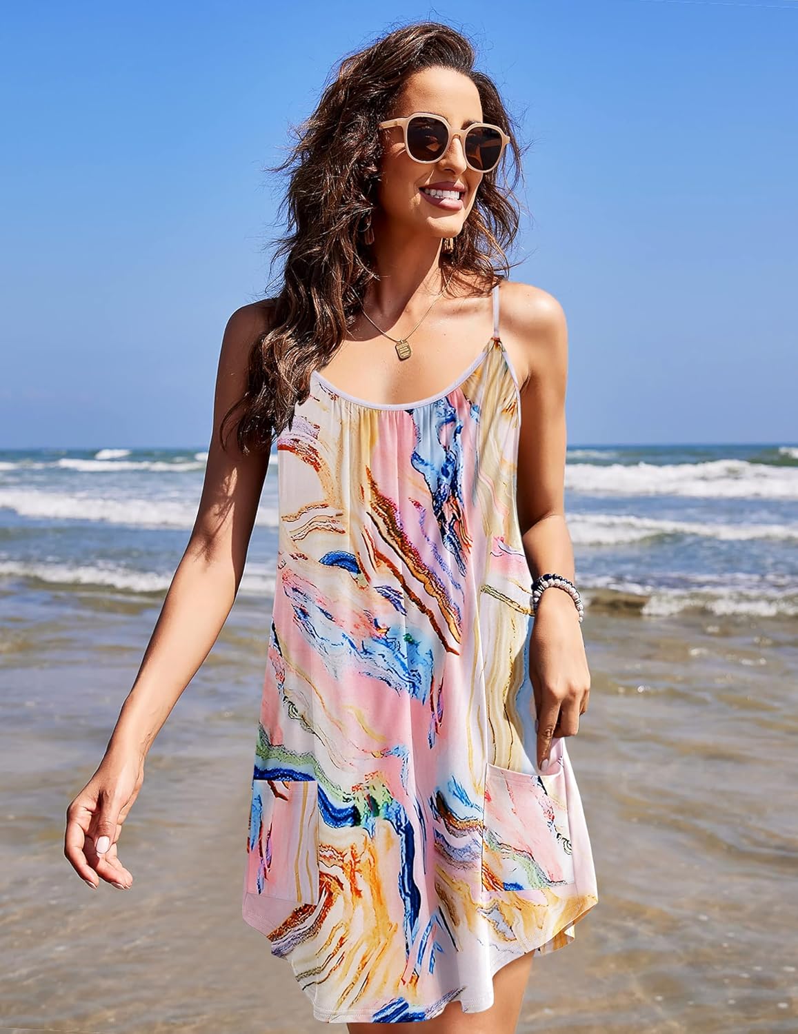 Ekouaer Nightgowns for Women Spaghetti Strap Sleepwear Sleeveless Sleep Dress with Pockets - Image 5