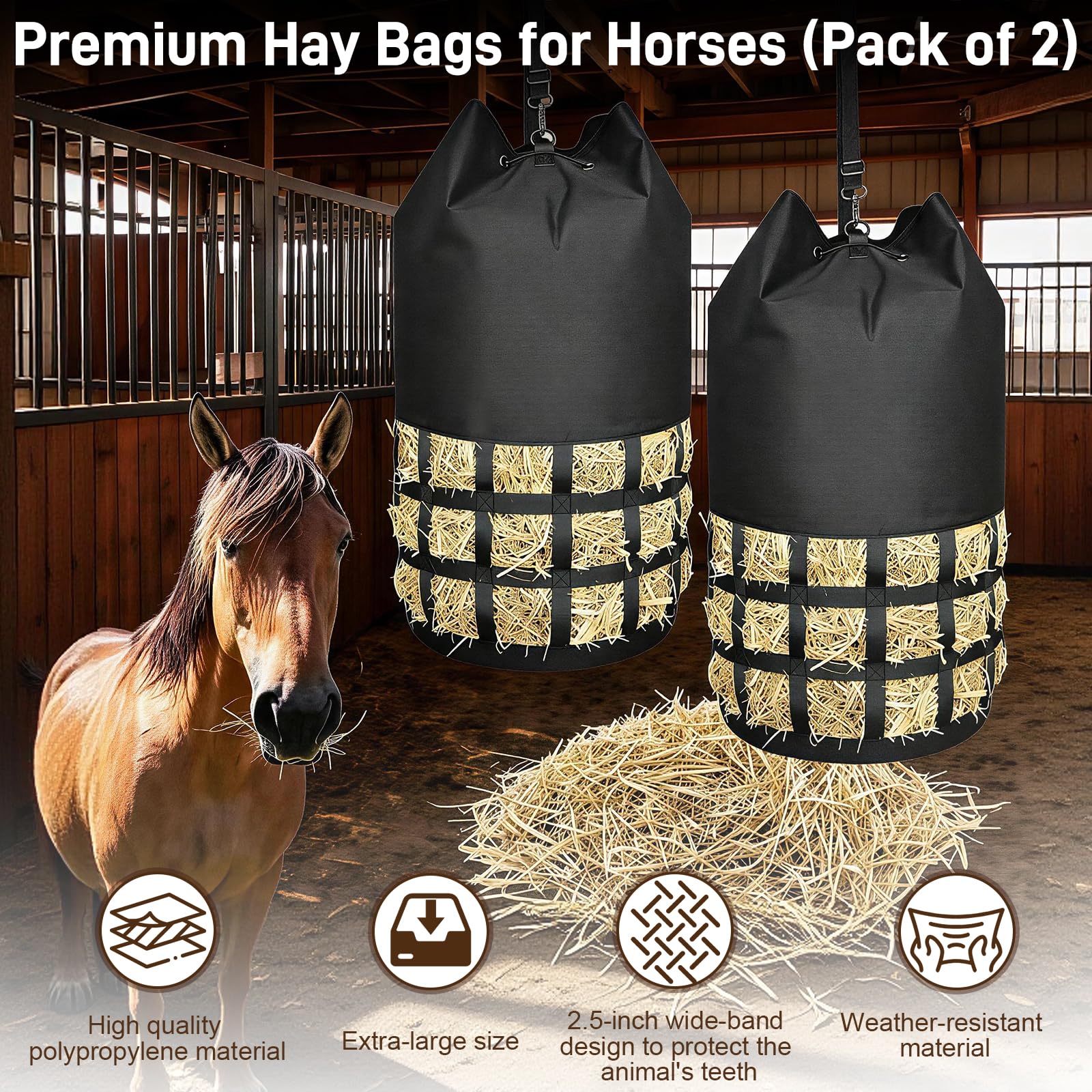 2 PCS Heusäcke für Pferde, mit Haken, 6,5 cm Maschenweite, 10 kg Fassungsvermögen, Heunetz / Slow-Feeder Heusack, XXL Heusack, robust & wetterfest, für Pferde, geeignet für Stall, Weide und Transport
