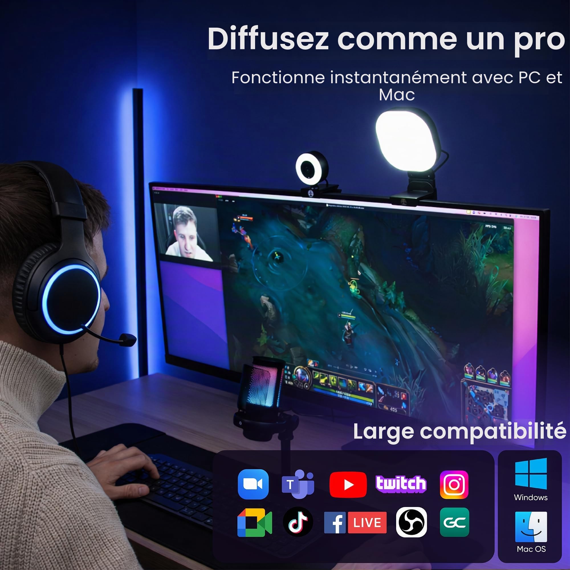 Kit de streaming vidéo en direct, comprend une webcam 1080p 30 fps et un microphone USB RVB, une lumière LED réglable pour Twitch, YouTube, Podcast et WFH. Pour PC, Mac, Windows et ordinateurs