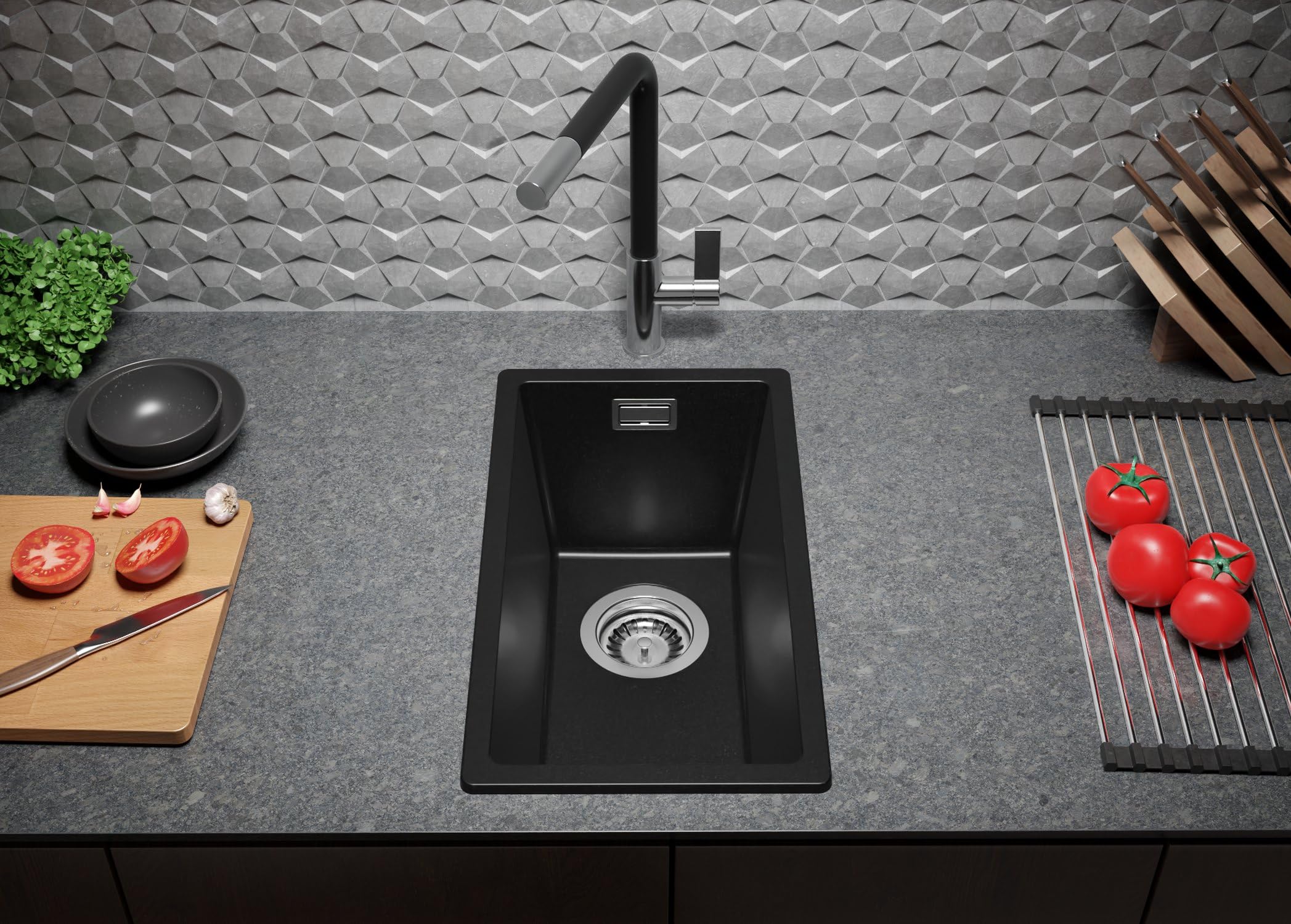 PRIMAGRAN Lavello da Cucina Nero 26x47cm, Lavandino in Granito a 1 vasca + Sifone Classico, Lavabo da Cucina Incasso al Mobile 30cm - London Slim S001