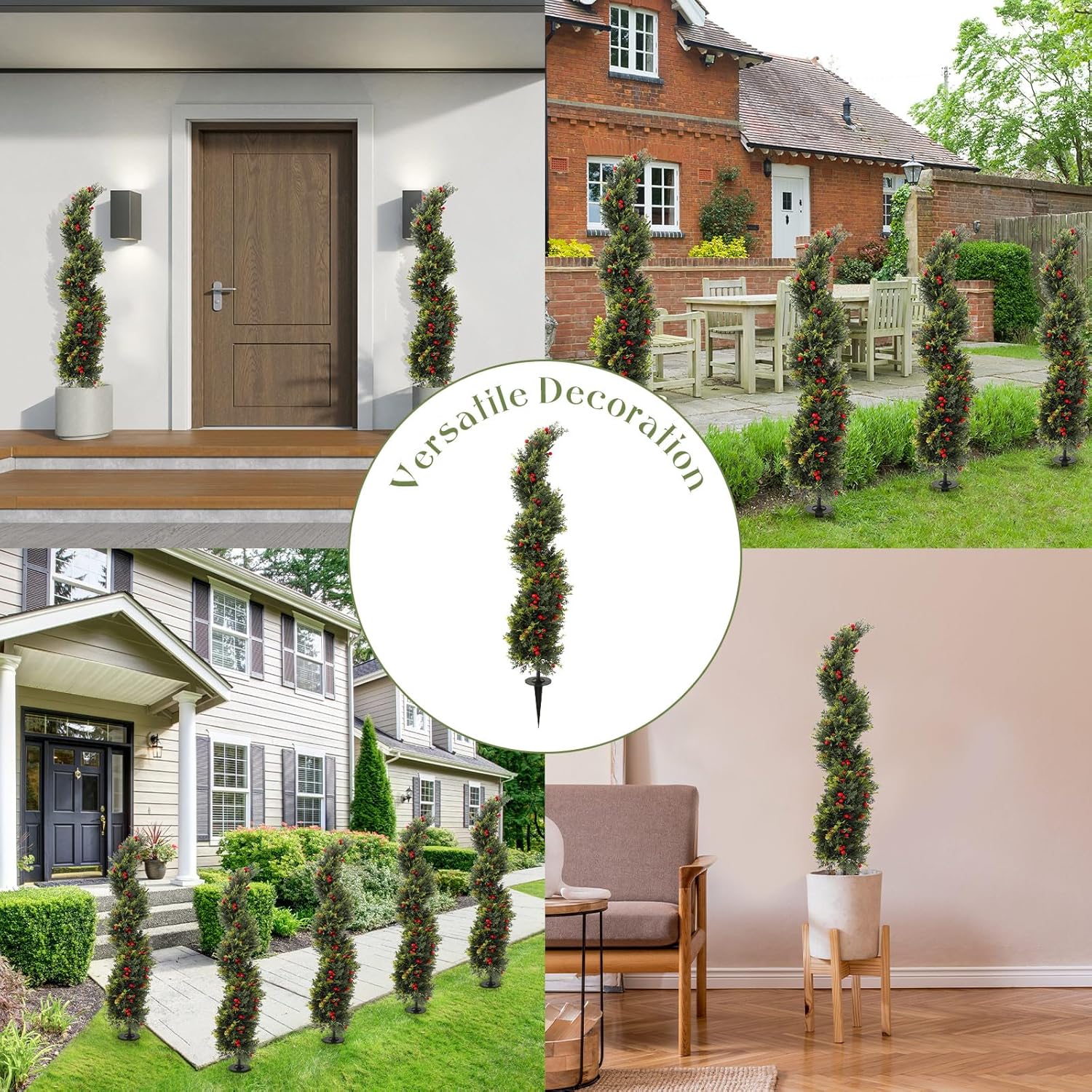 Yunlly 4 ft Christmas Spiral Topiary Trees Set of 2, Real to Touch Cedar Christmas Trees Outdoor Porch Decor, Fake Cypress Shrubs with Spike Red Berries Planter for Entryway Yard Garden (4 ft, Vivid)