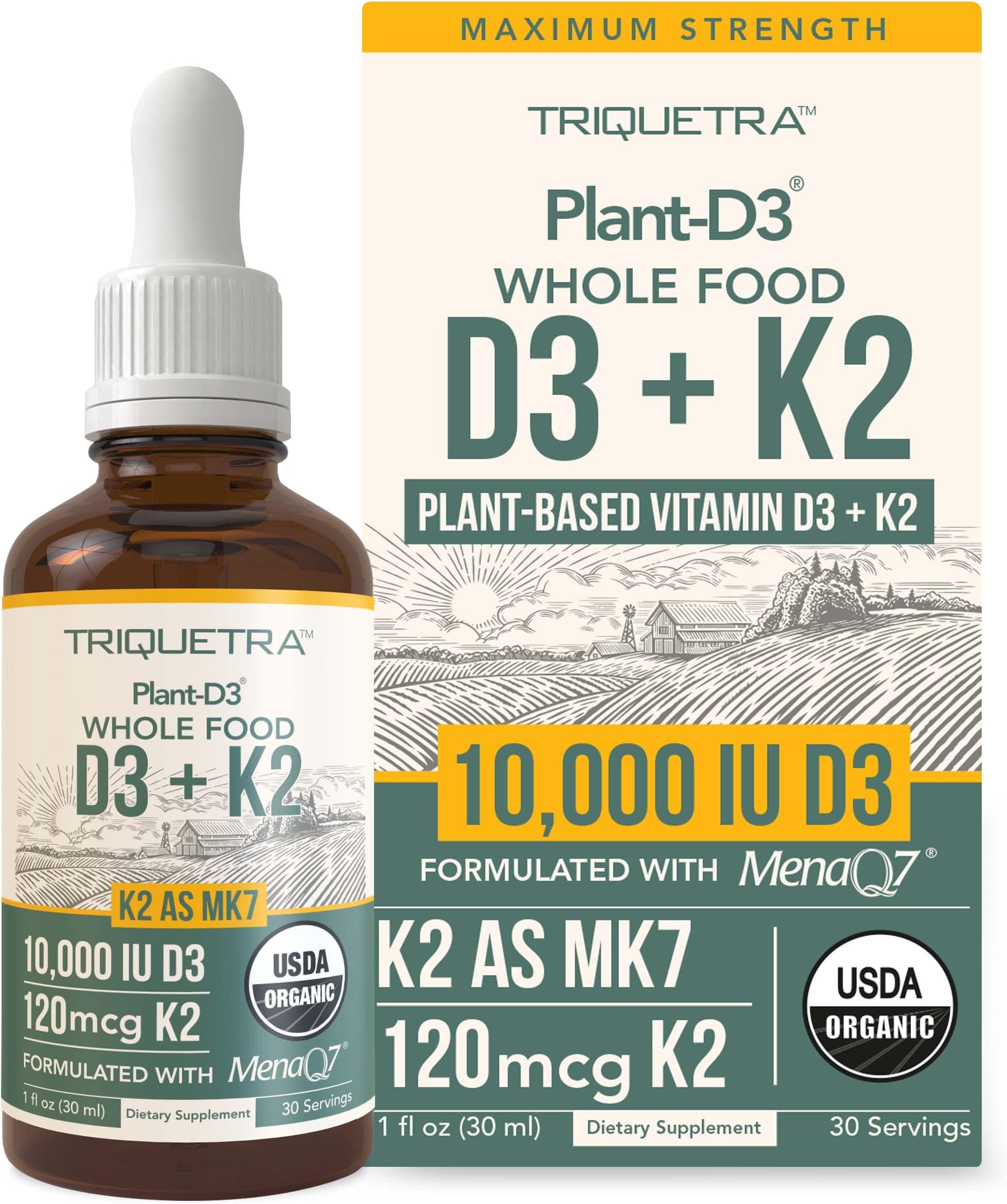 Organic Plant D3 K2 vitamin 10000 iu - All-Trans MK7 from MenaQ7 (120 mcg K2) - 100% Organic & Plant-Based Sublingual D3 Drops 10,000 iu (Cholecalciferol), 100% Vegan - Supports Immunity, Bone, Brain