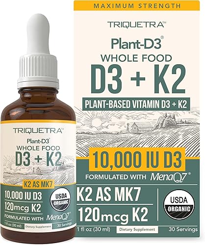Vitamina D3 K2 orgánica de plantas 10000 iu - MK7 All-Trans de MenaQ7 (120 mcg K2) - Gotas sublinguales D3 10,000 iu (colecalciferol) 100% orgánicas