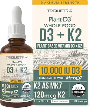 Organic Plant D3 K2 vitamin 10000 iu - All-Trans MK7 from MenaQ7 120 mcg K2 - 100% Organic & Plant-Based Sublingual D3 Drops 10,000 iu Cholecalciferol, 100% Vegan - Supports Immunity, Bone, Brain