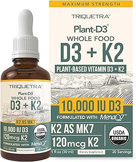 Organic Plant D3 K2 vitamin 10000 iu - All-Trans MK7 from MenaQ7 (120 mcg K2) - 100% Organic & Plant-Based Sublingual D3 Drops 10,000 iu (Cholecalciferol), 100% Vegan - Supports Immunity, Bone, Brain