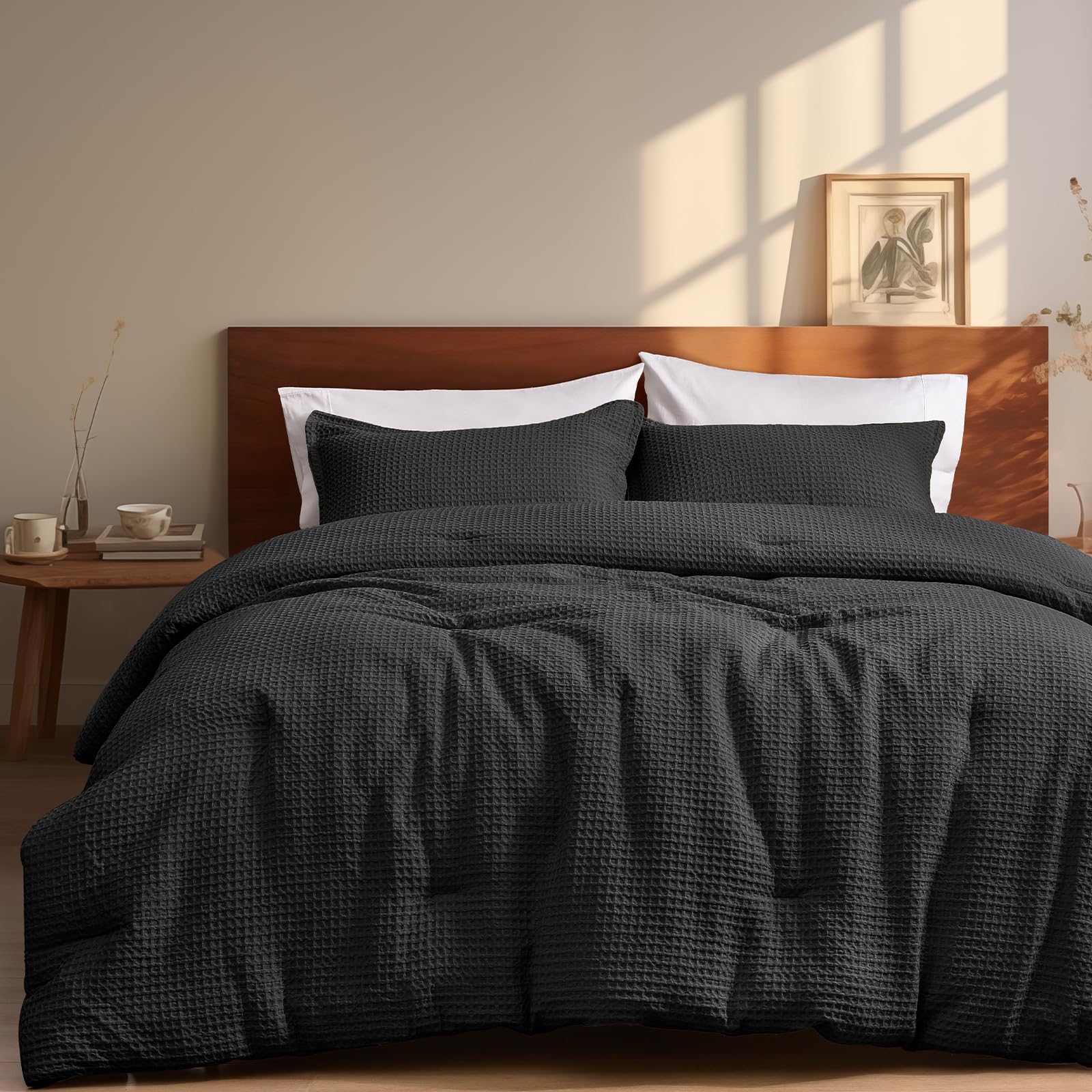 PHF Ultra Soft Waffle Weave Comforter Set Queen Size, 3 Pieces Lightweight Breathable Comfy Bedding Set, Comfy Textured 1 Comforter with 2 Pillow Shams, BlackOEKO-TEX STANDARD 100