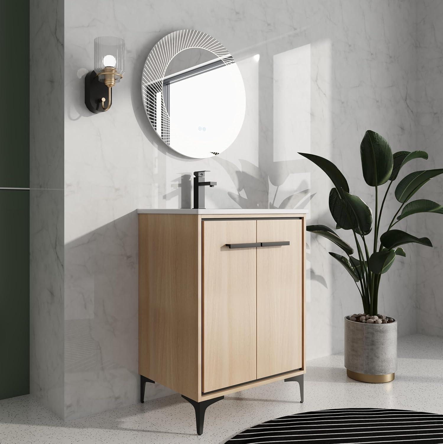 24 Inch Bathroom Vanity with Sink,Bathroom Vanity,Bathroom Sink Cabinet,Modern Vanity with 2 Door and White Ceramic Basin Sink Top,Freestanding Storage Cabinet for Small Space