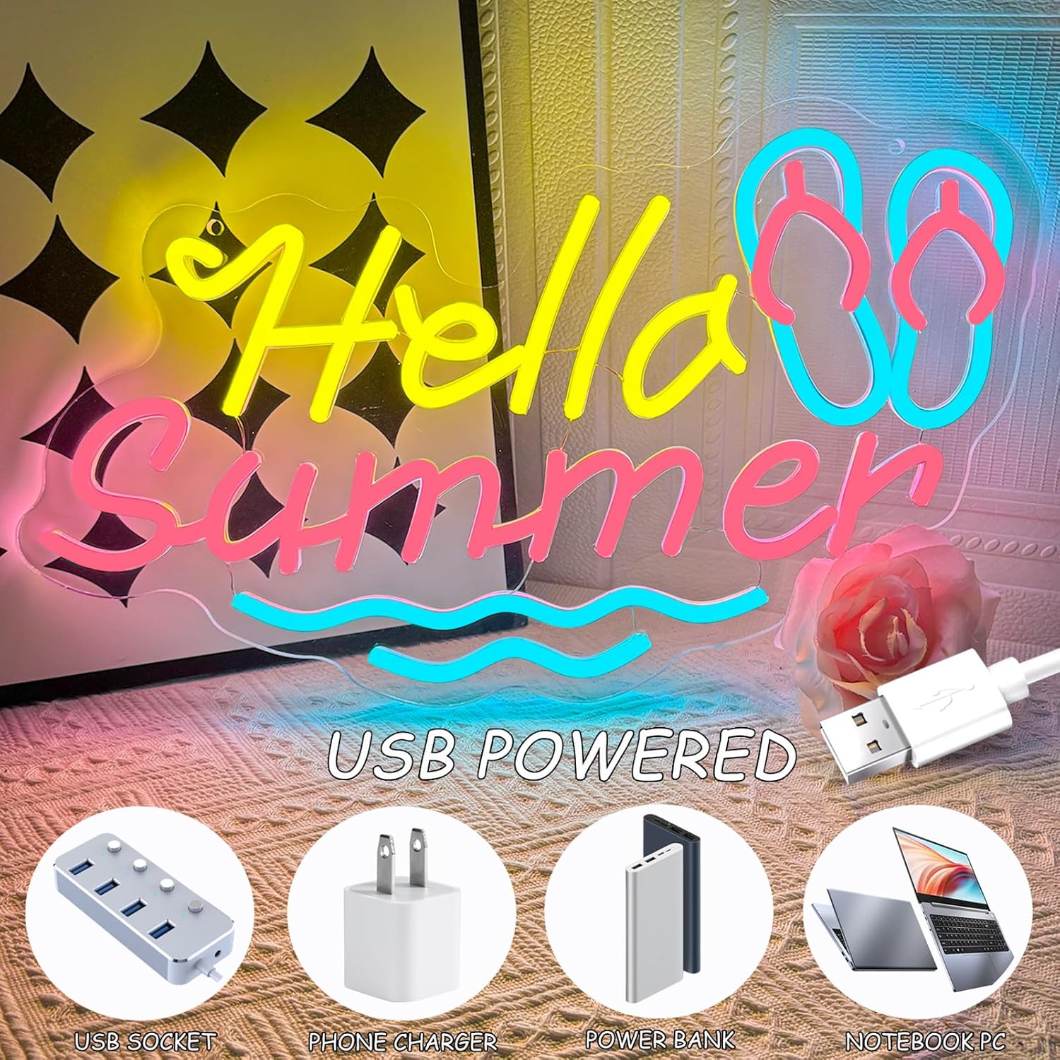 Hello Summer Neon Sign 17"x9"Dimmable LED Summer Neon Lights with Flip-flop and Wave Cute Yellow and Pink Signs Wall Decor for Bedroom Living Room Party Beach Bar Hawaii Shop Holiday Decoration Presents