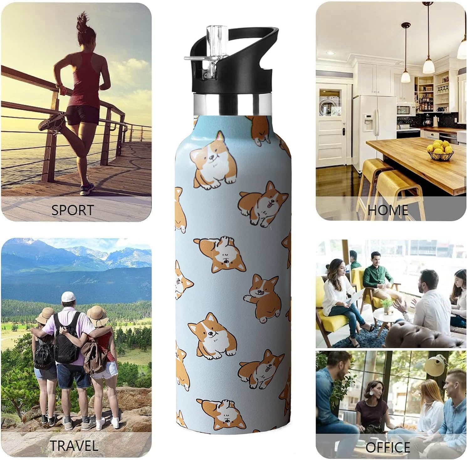 Corgi Dog Water Bottle Adult Kids With Straw Lid Insulated Stainless Steel Travel Mugs for Sport Gym Outdoor 20oz - Image 6