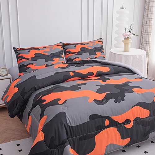 Juego de edredón para niños, tamaño Queen, juego de ropa de cama de camuflaje naranja y gris militar, juego de ropa de cama tamaño Queen, juego de