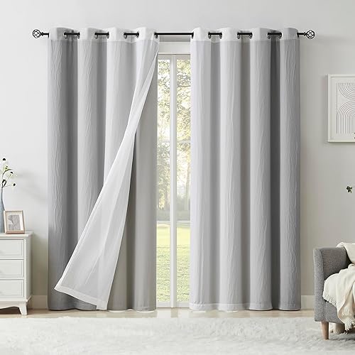 Miniatura 1 de Mezcla y combina cortinas opacas y traslúcidas para dormitorio, sala de estar, paneles de ventana de gasa gris degradado de 84 pulgadas, con cortina