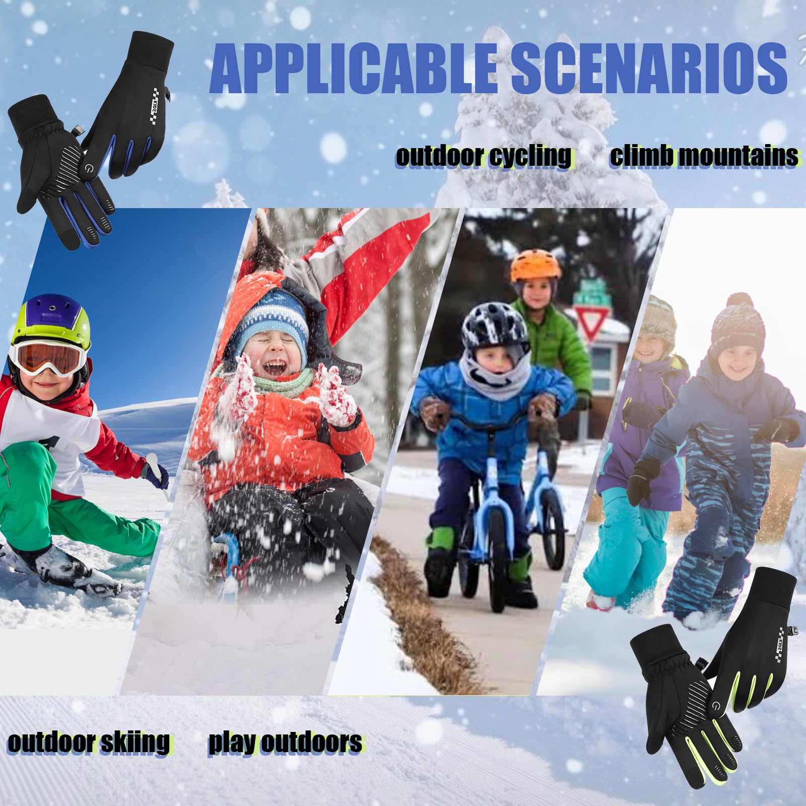 DKDDSSS 2 Pares Guantes de Ciclismo para Niños, Guantes Deporte de Invierno Termicos de Mitones de Pantalla Táctil Antideslizante para Correr Esquí Moto Bici Sport Ski Senderismo Accesorios