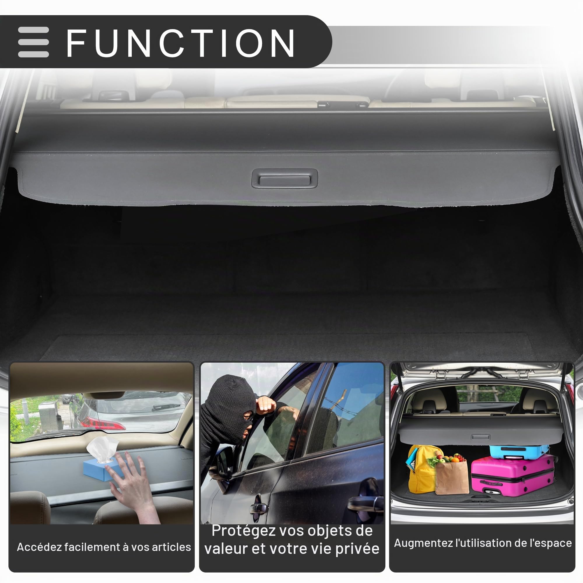 Motoforti Cache-Bagages Rétractable Pour Toyota Rav4 13-18 1pc | Couleur Fibre De Carbone Noire, Matériau Alliage D'Aluminium Et Toile, Pare-Soleil, Écran De Sécurité, Tige 138cm/111cm