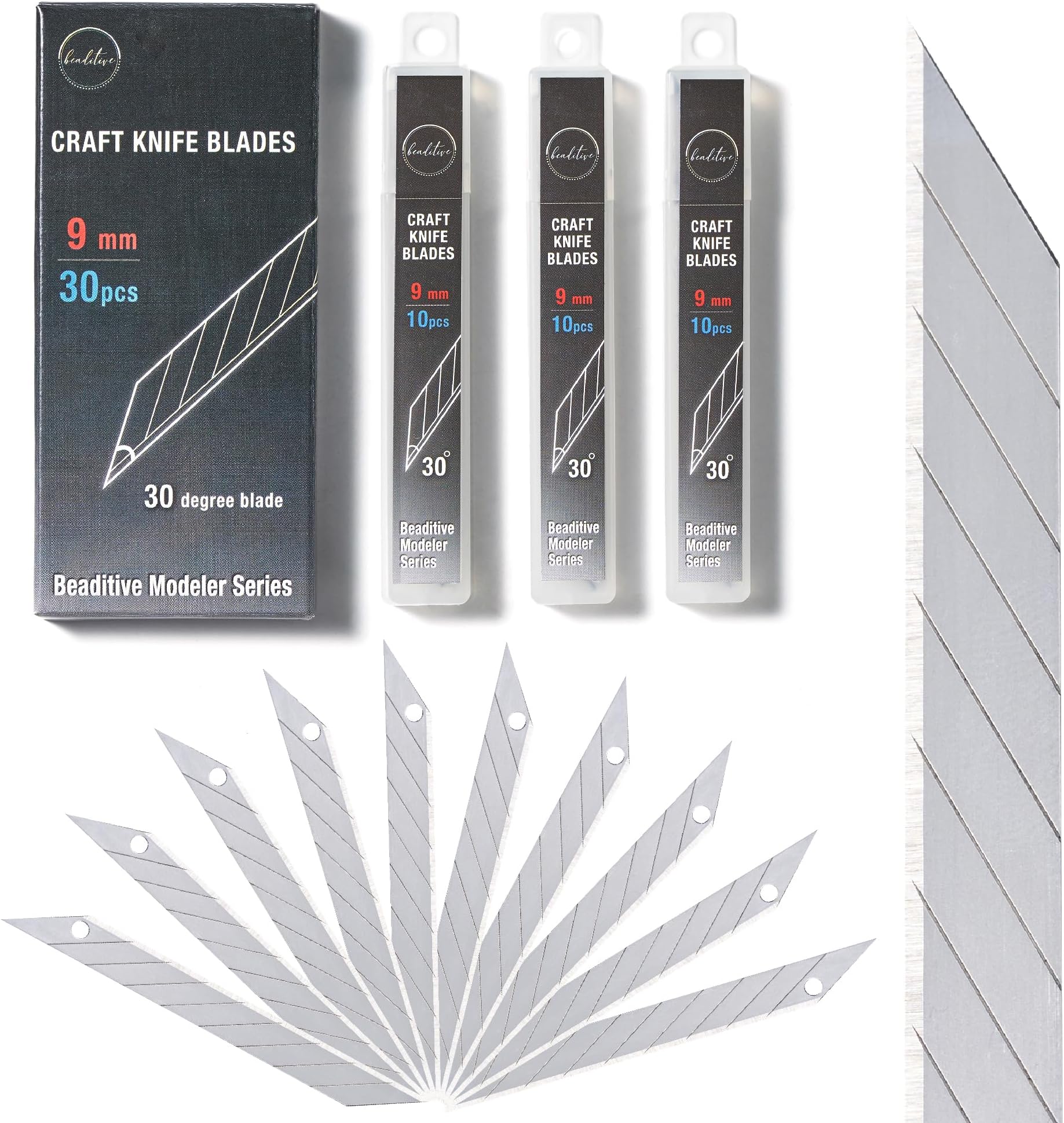 Beaditive Detail Craft Knife Blades (30 pcs) - 30 Degree Snap-Off Utility Knife Blade - Art, Craft, Model Making (Steel)