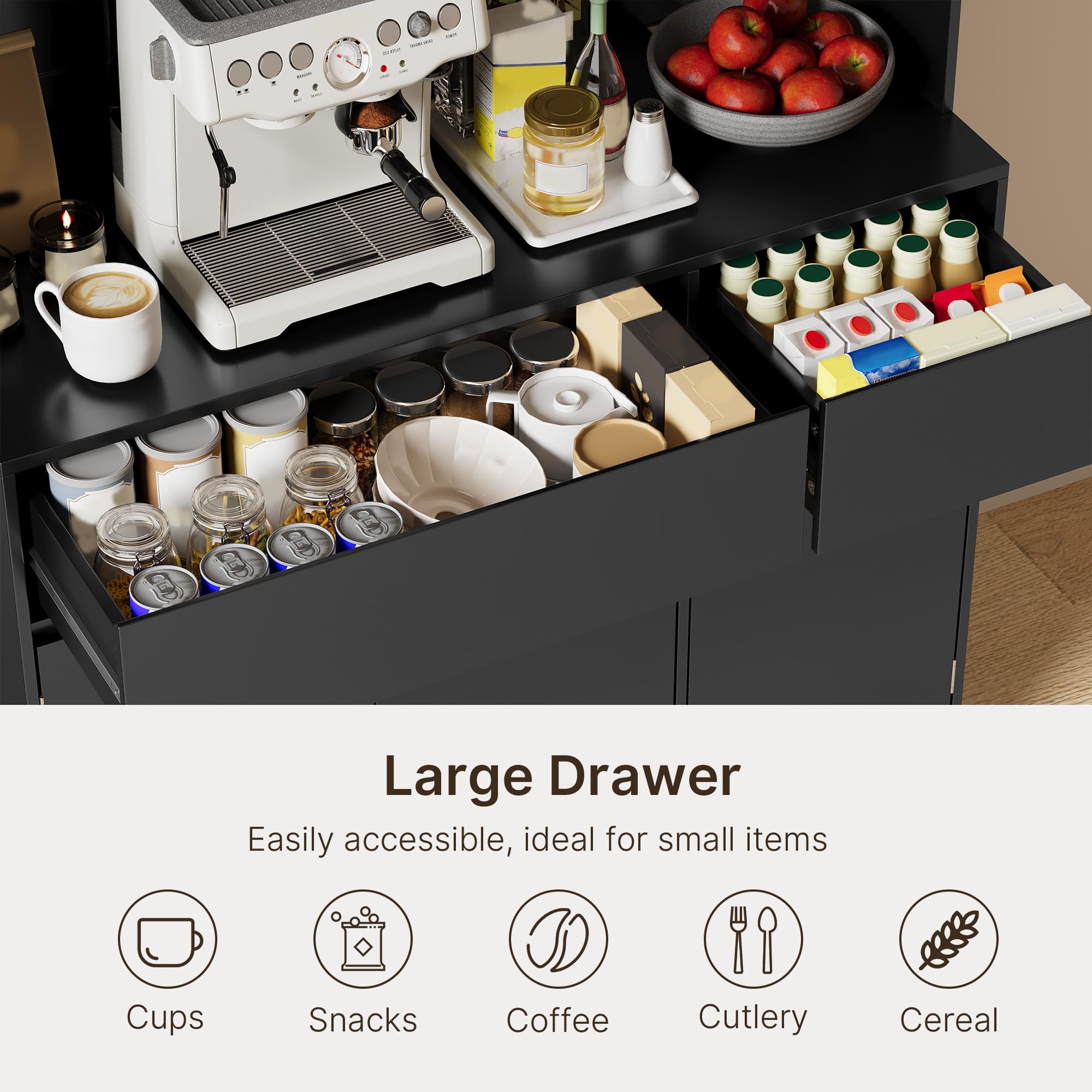 Xbro Credenza Buffet Cucina con Luce LED, Prese di Corrente, Ante in Vetro, 6 Ante e 2 Cassetti, Mobile Dispensa Multifunzione per Cucina, Sala da Pranzo, 100x38.5x180cm