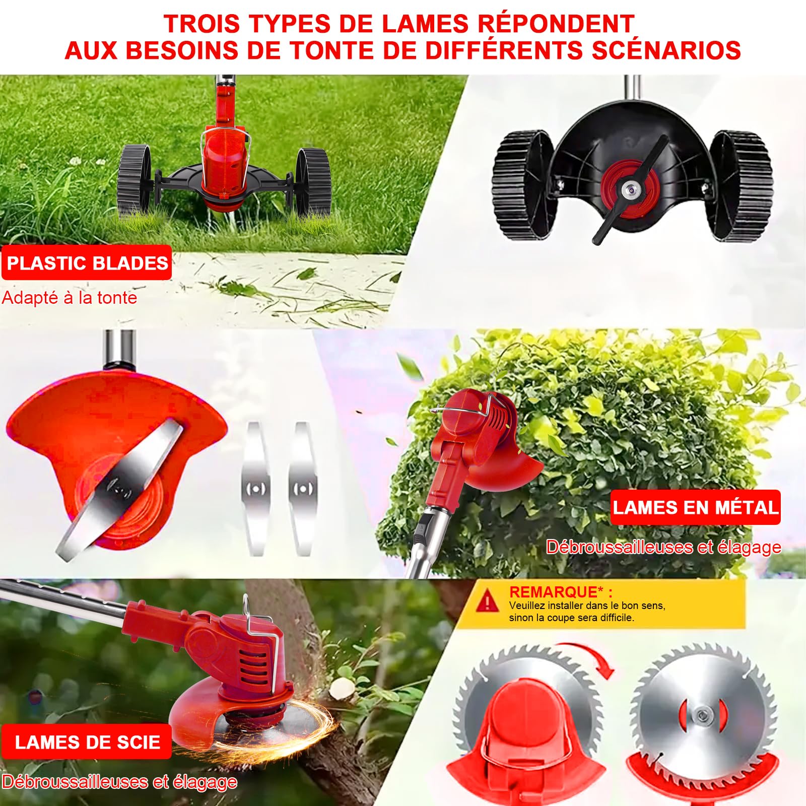Debroussailleuse Electrique sans Fil Coupe Bordure 21V avec 2 Batteries 1.5Ah, Roues, 4 Type Lames, Poignée Réglable, Pliable, Tête Pivotante 90° pour Jardin Élagage