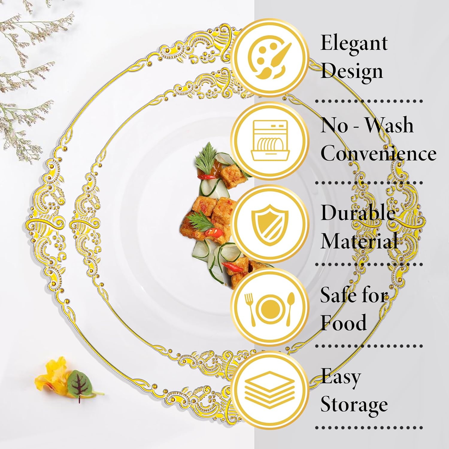 Nervure 350PCS Clear Gold Plastic Plates - Gold Plastic Dinnerware Sets for 50 Guests - 100 Disposable Plates, 150 Silverware, 50 Cups, 50 Napkins for Wedding & Party & Thanksgiving - Image 7