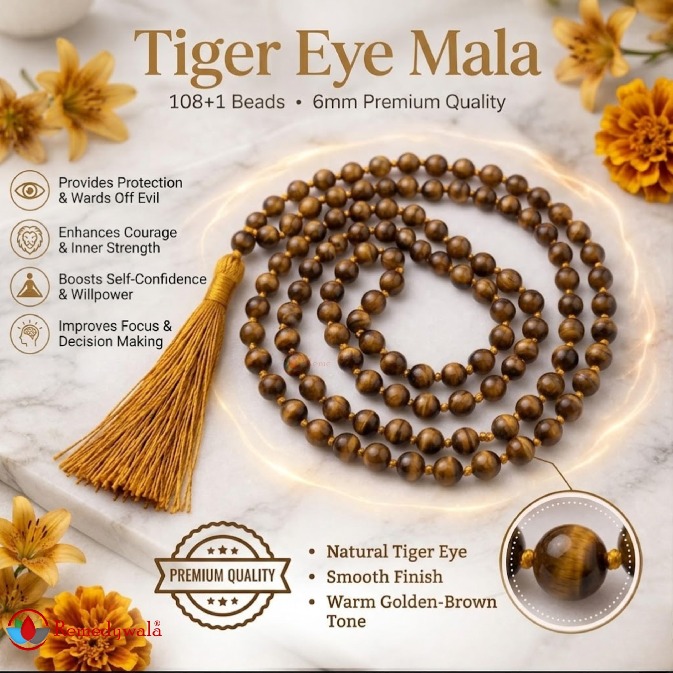 Remedywala Certified Natural Crystal Tiger Eye mala Natural Crystal Stone 6 mm 108 Beads Jap Mala for Meditation, Pooja, Chanting, Wearing/Tiger Eye mala 108 Beads Original 1