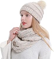 DoubleCouple Women's Thick Cable Knit Infinity Scarf & Warm Beanie Hat Set - Soft Acrylic Winter Essentials