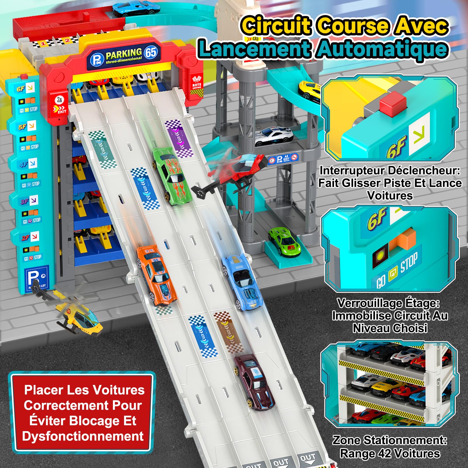 JONRRYIN Circuit Voiture Enfants, Piste de Course avec 5 Etages Garage, Jouet Circuit en Spirale pour Enfants 3+ Ans, 12 Voiture en Elliage et 2 Hélicoptère, Station-Service avec Pompes à Essence