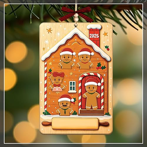 Miniatura 2 de Adorno familiar de casa de jengibre 2025, juego de adornos de madera de pan de jengibre de 2 capas, adorno de Navidad familiar, decoraciones de