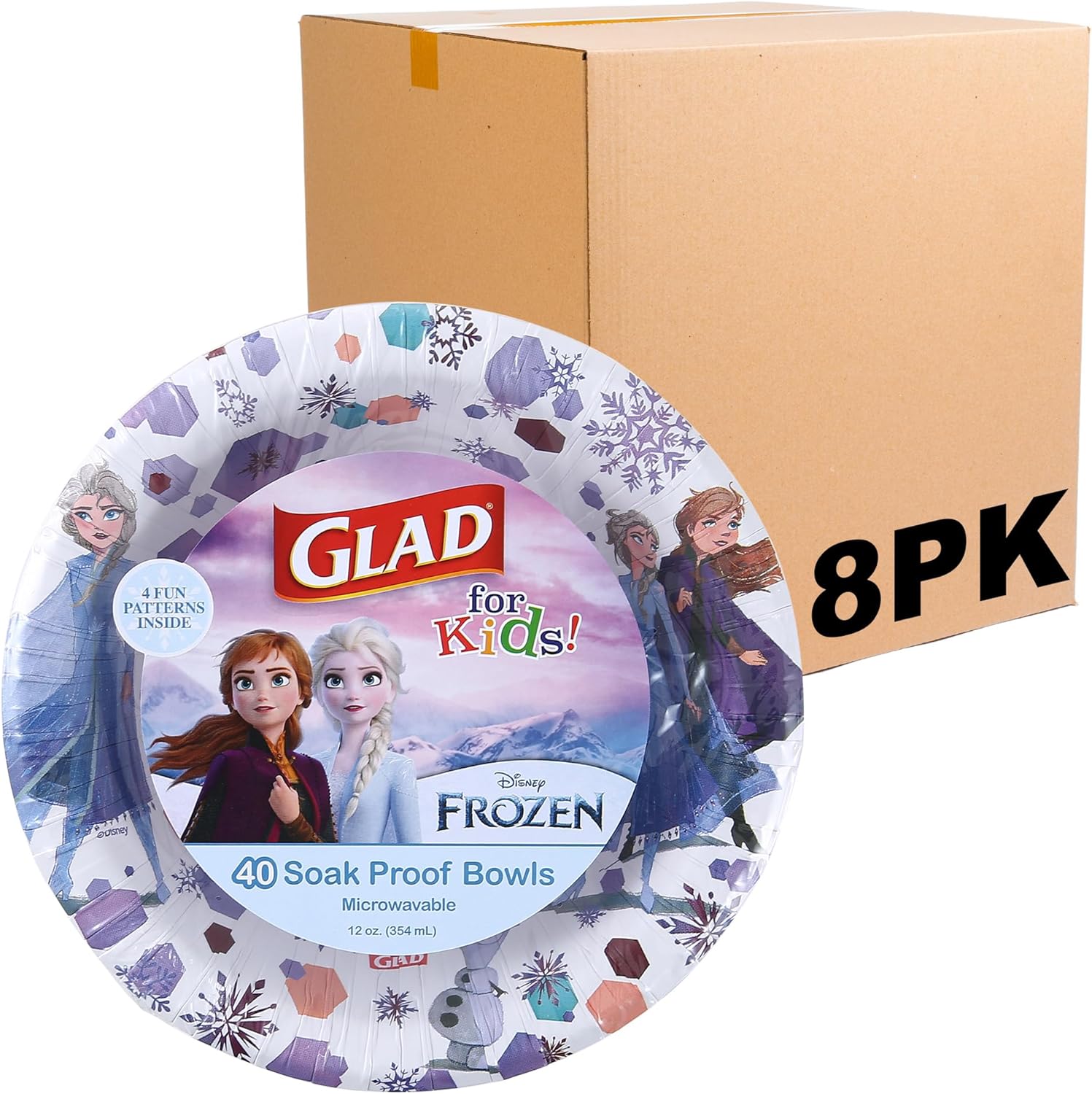 Glad for Kids Disney Frozen Disposable Paper Bowls, Anna and Elsa - Heavy Duty, Soak Proof, Microwavable, Kid-Friendly Snack Bowls for Everyday Use, 12 Ounce, 40 Count - 8 Pack